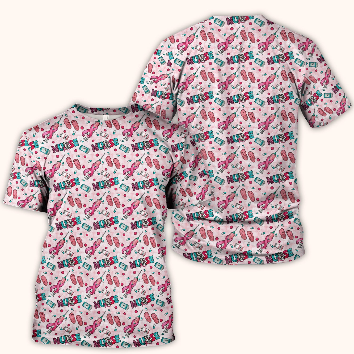 Pink Ribbon with Recovery Print Scrub Top, Comfortable Scrubs for Nurses