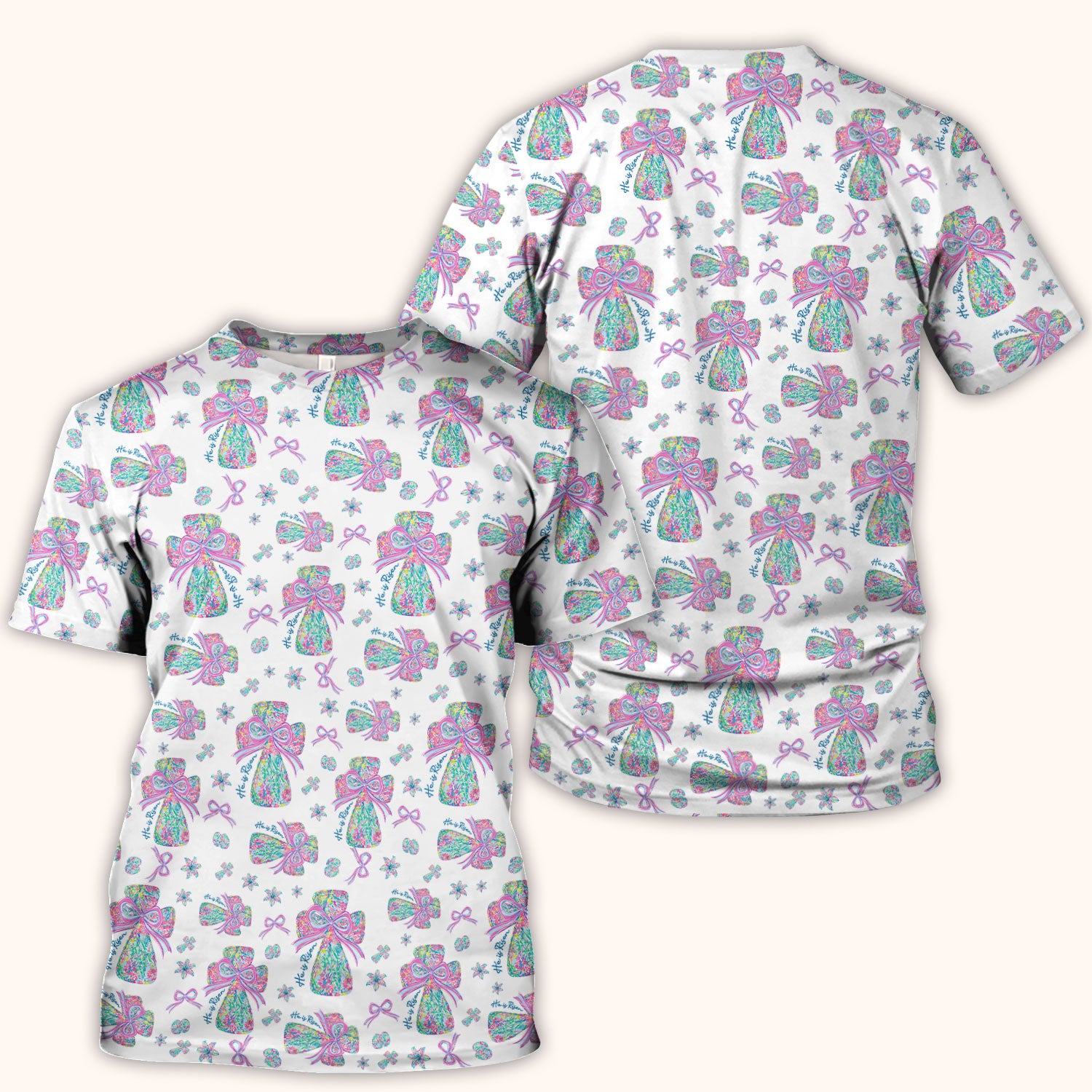 Colorful Bow Pattern Scrub Top, Breathable Fabrics Nursing Uniform