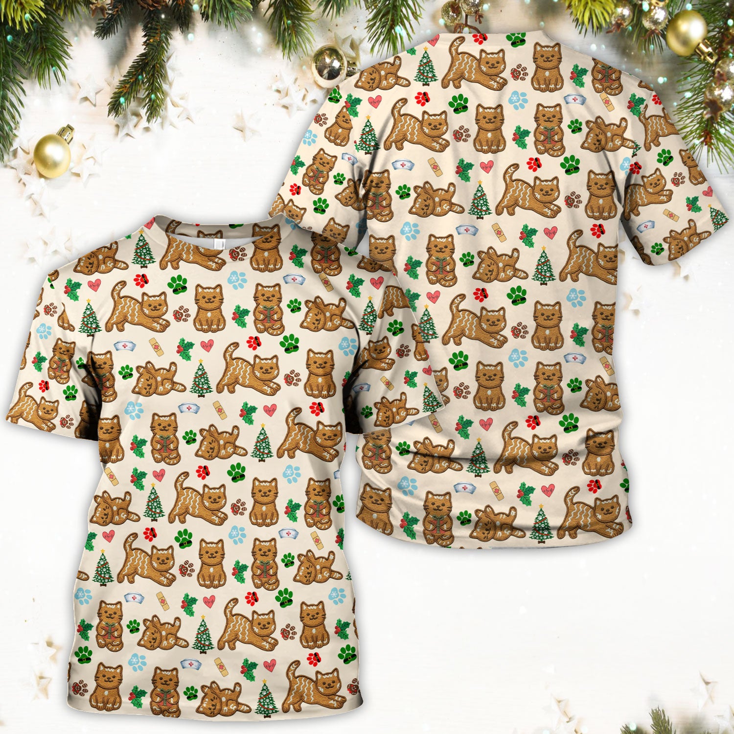 Gingerbread Cat Christmas Scrub Top, Cute Holiday Kitty Medical Uniform Shirt For Nursing, Festive Nurse Pattern