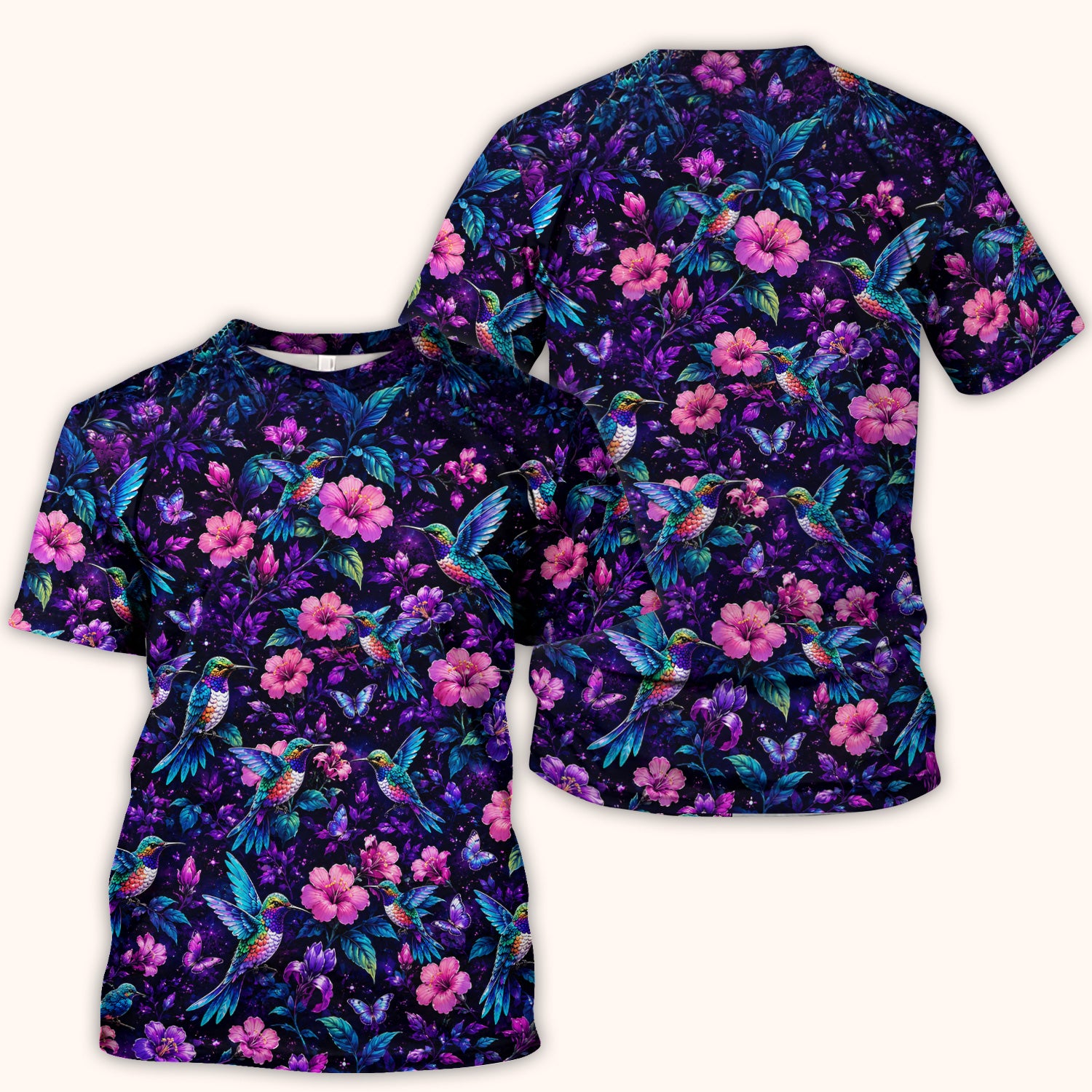 Vibrant Hummingbird Hibiscus Blossom Pattern Scrub Top, Comfortable Scrubs for Nurses