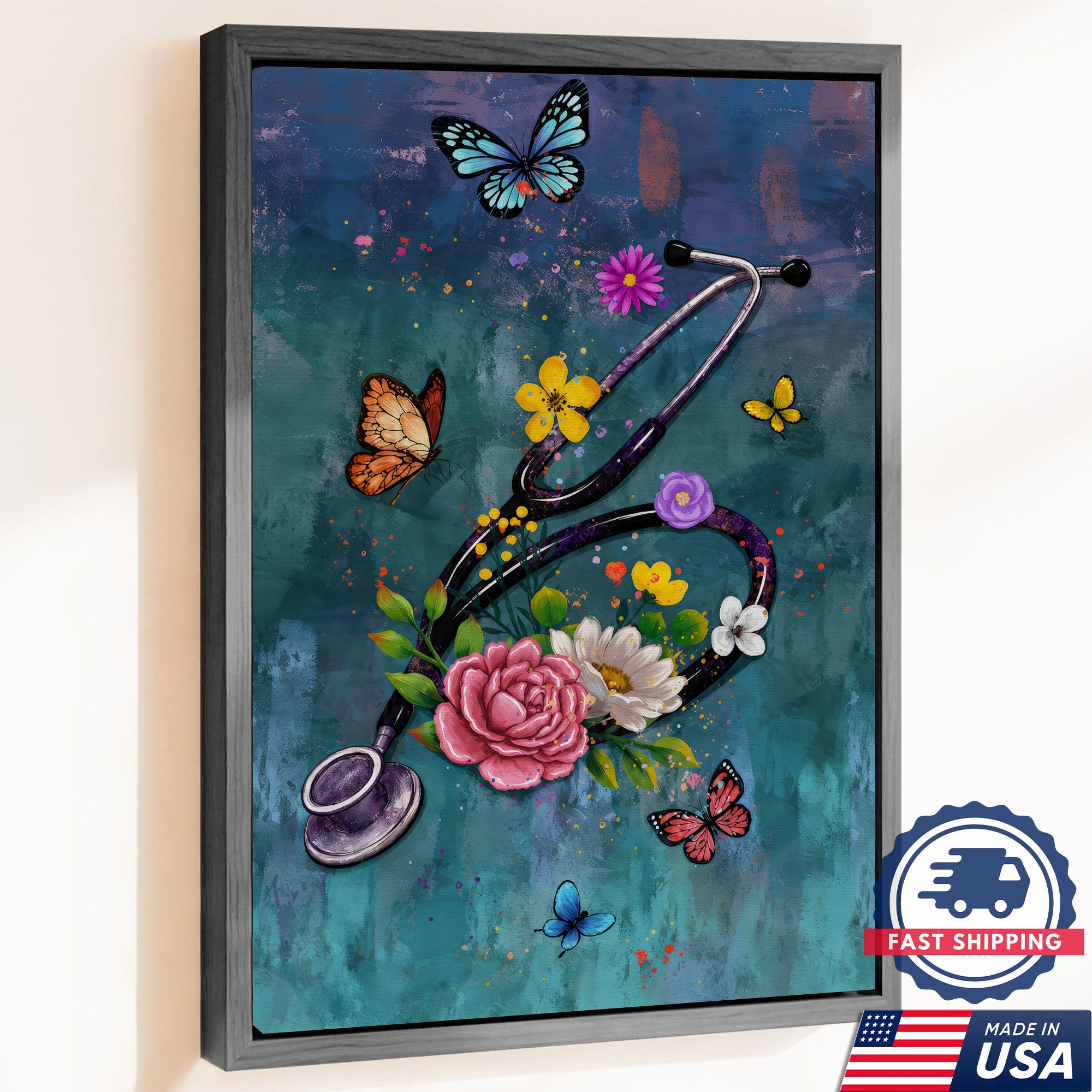 Butterfly Floral Stethoscope Nurse Canvas Wall Art for RN, CNA, Healthcare Office Decor