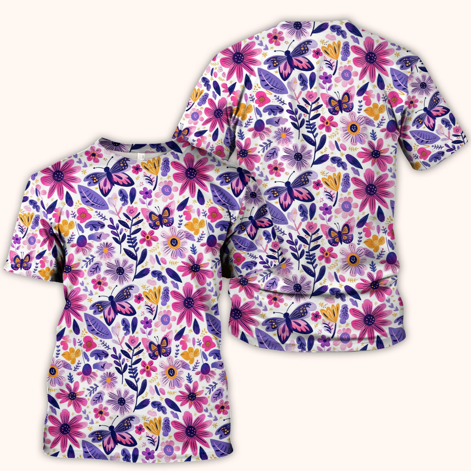 Cute Butterfly Wildflower Garden Pattern Scrub Top, Comfortable Scrubs for Nurses