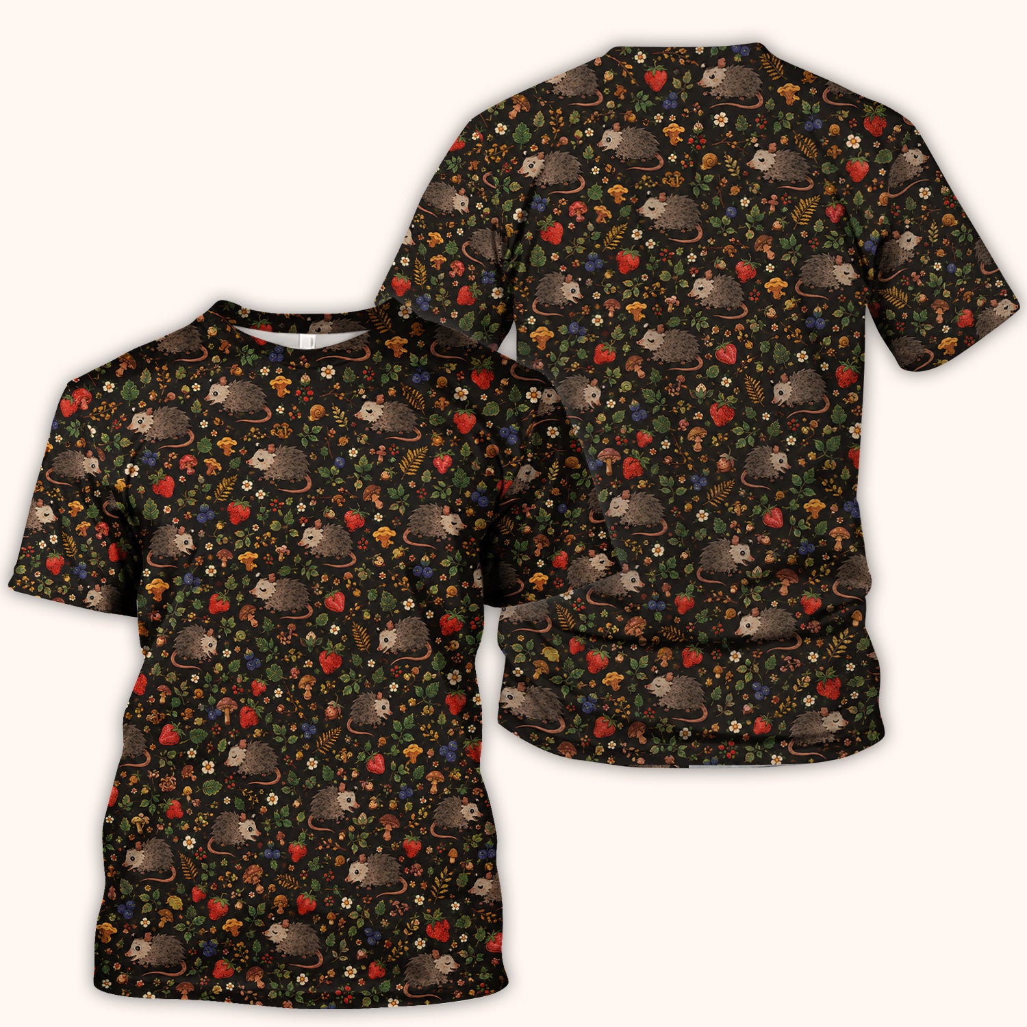 Woodland Opossum Berry Mushroom Pattern Scrub Top, Comfortable Scrubs for Nurses