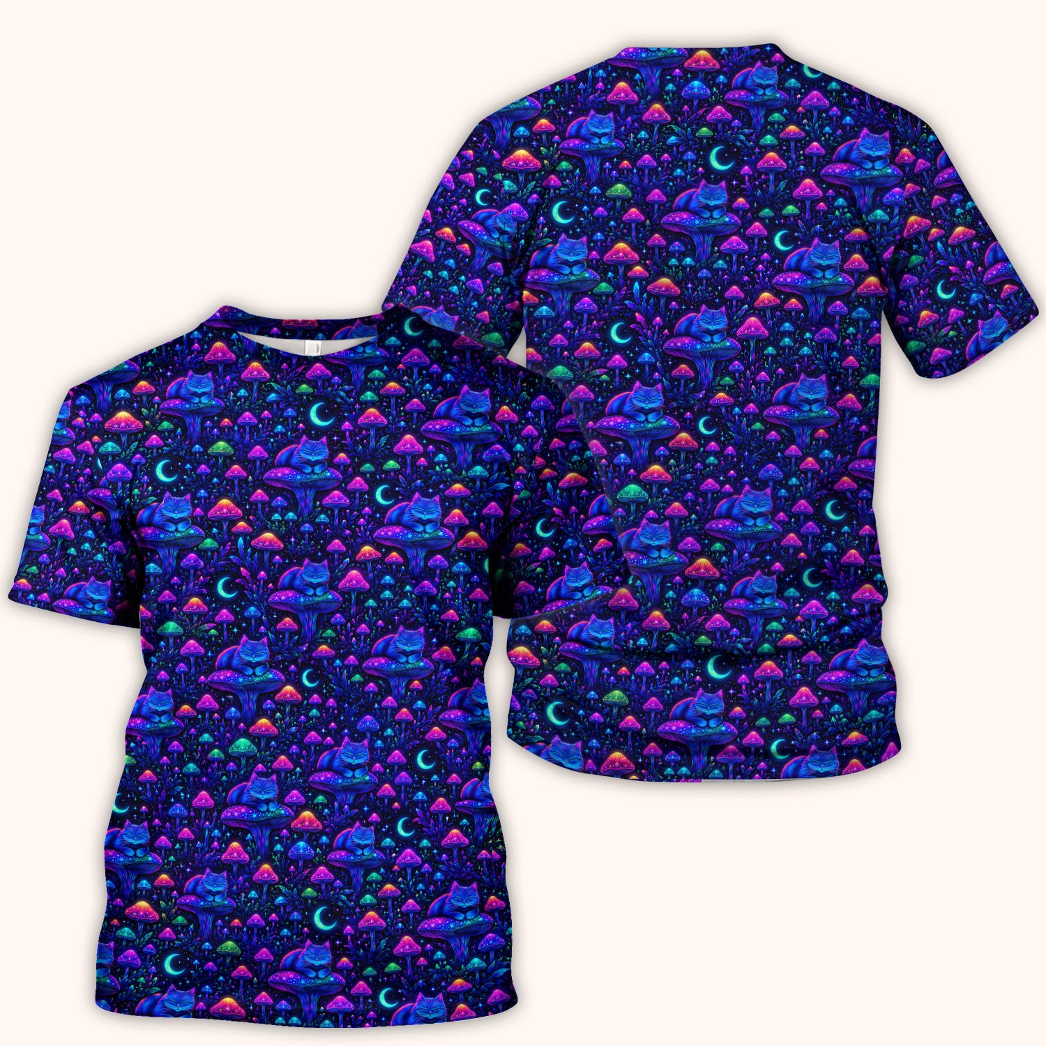 Neon Mushroom Cat Galaxy Scrub Top, Psychedelic Night Forest Nursing Uniform