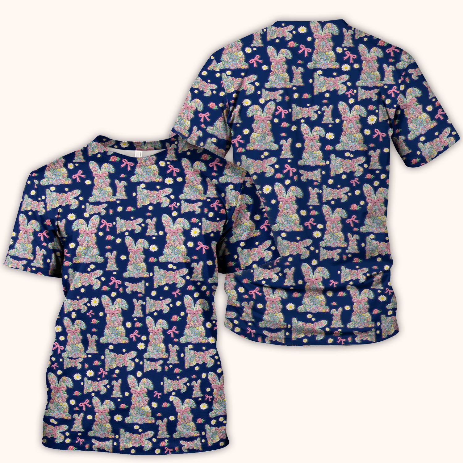 Colorful Floral Bunny with Pink Bow Pattern Scrub Top, Breathable Fabrics Nursing Uniform, Easter