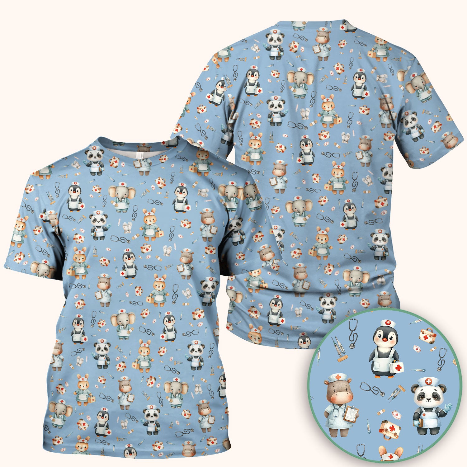 Cute Animal Scrub Top for Women - Panda Bunny Penguin Print Med Uniform - Comfortable Pastel Scrubs for Nurses