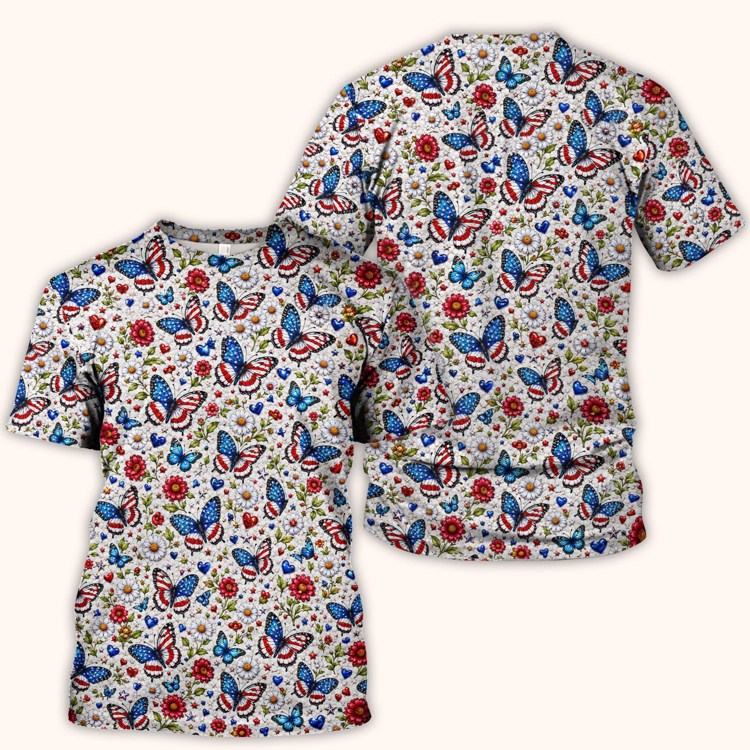 Patriotic Butterfly Daisy Heart Pattern Scrub Top, Comfortable Scrubs for Nurses