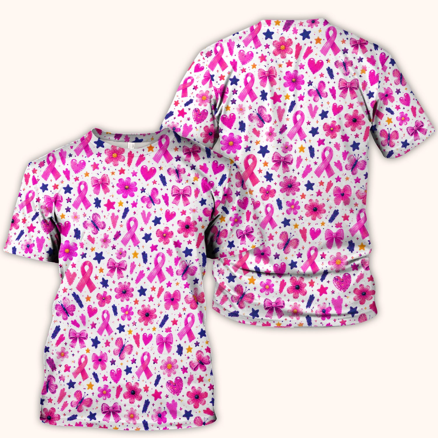 Pink Ribbon Floral Pattern Scrub Top, Comfortable Scrubs for Nurses