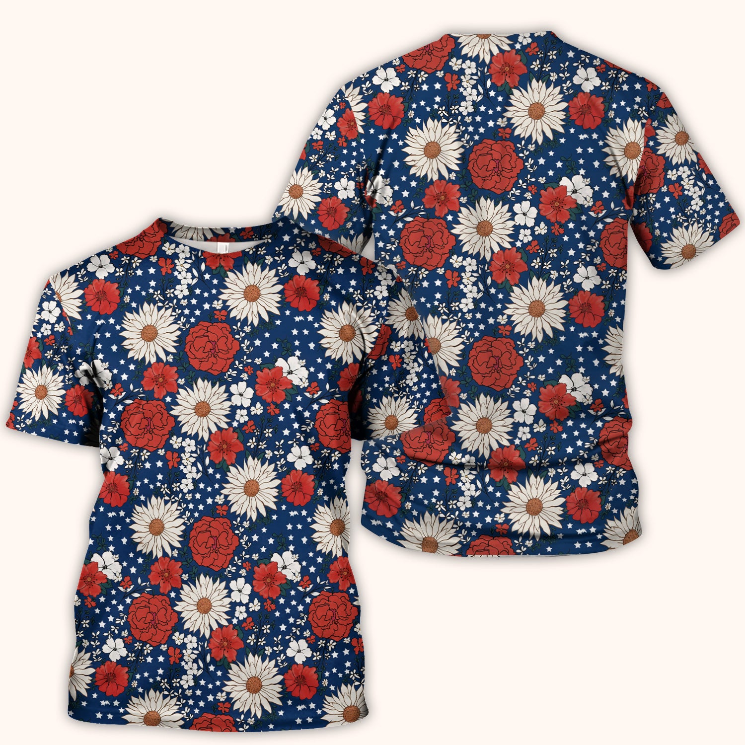 Red White Blue Floral Pattern Scrub Top, Comfortable Scrubs for Nurses