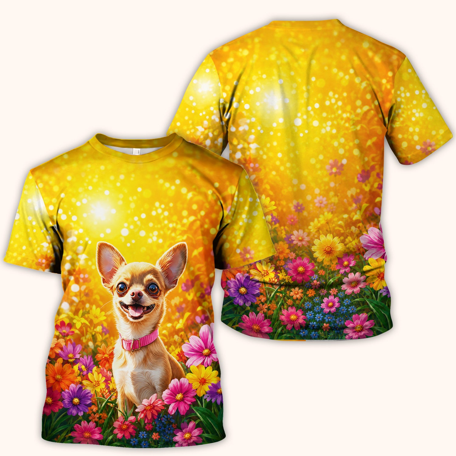 Cute Chihuahua Flower Meadow Pattern Scrub Top, Comfortable Scrubs for Nurses