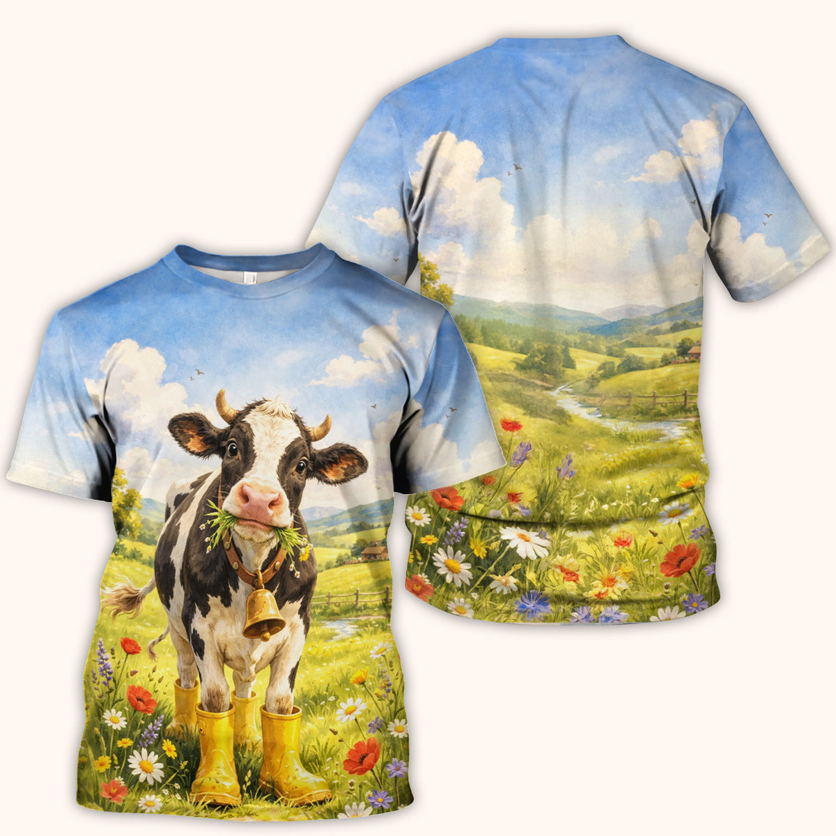 Cute Cow Wearing Boots Meadow Scene Pattern Scrub Top, Comfortable Scrubs for Nurses