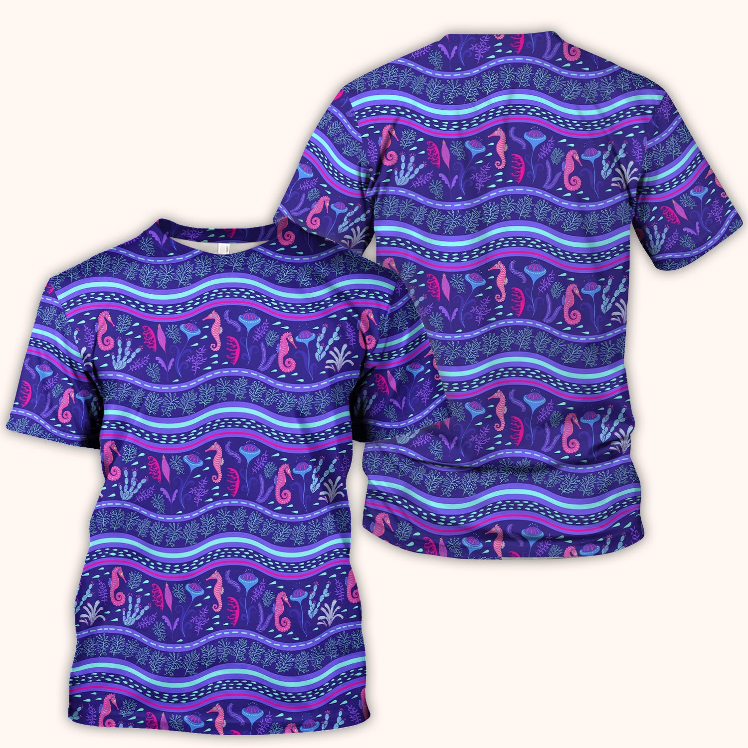 Purple Seahorse Ocean Pattern Scrub Top, Comfortable Scrubs for Nurses