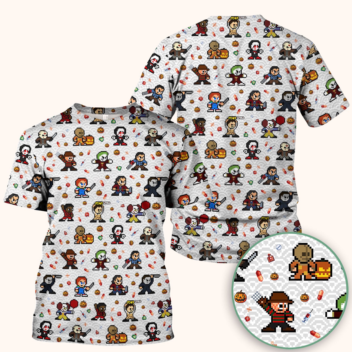 Halloween Horror Pixel Scrub - Retro Scary Character Med Uniform - Comfortable Scrubs for Nurses - Spooky Gift for RN LPN CNA