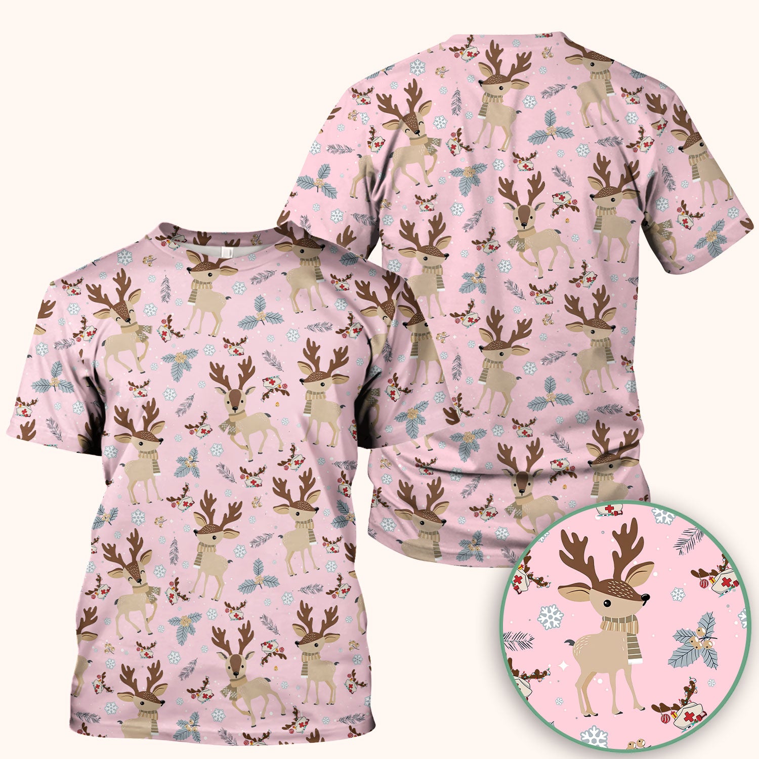 Reindeer Christmas Scrub Top - Cozy Beige Holiday Nurse Shirt with Cute Deer Pattern - Festive Medical Scrubs for Women RN CNA LPN