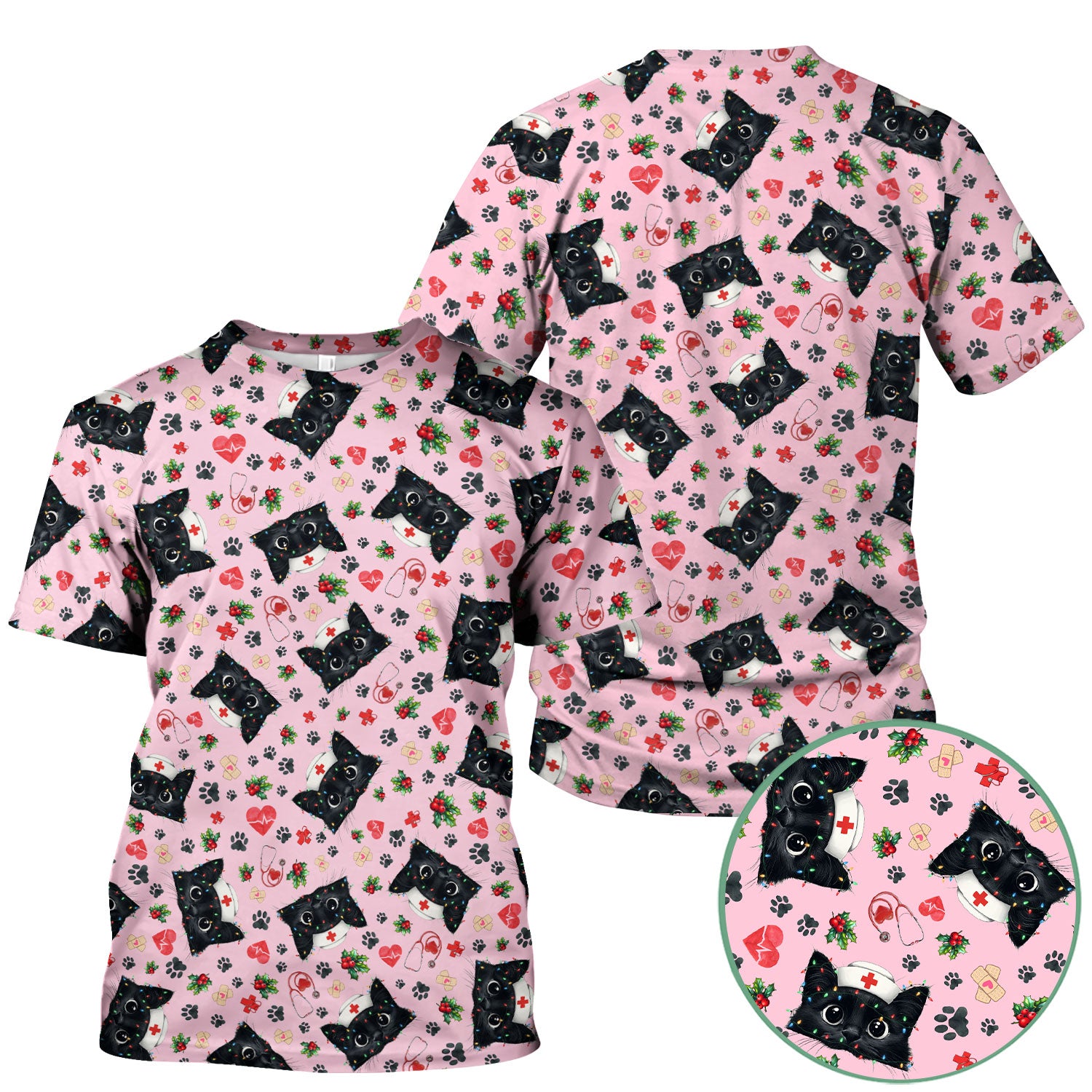 Black Cat Scrub Top for Nurse - Cute Kittens Christmas Medical Uniform - Funny Holiday Gift for Women