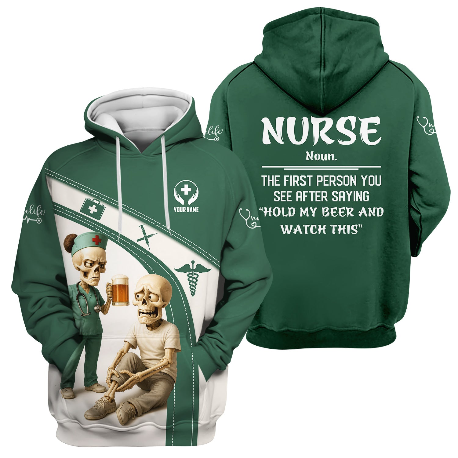 Funny Skeleton Nurse Shirt for Women - Custom Name Beer Joke Medical Uniform - Hilarious Gift for RN CNA LPN