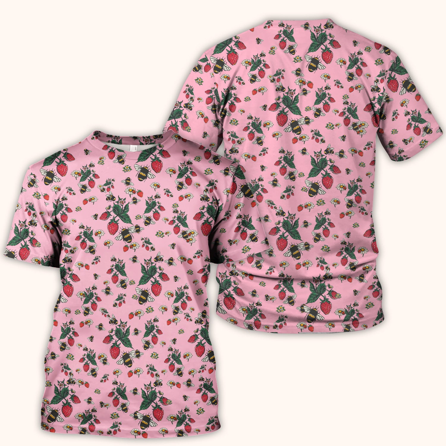 Cute Strawberry Bee Daisy Floral Pattern Scrub Top, Comfortable Scrubs for Nurses