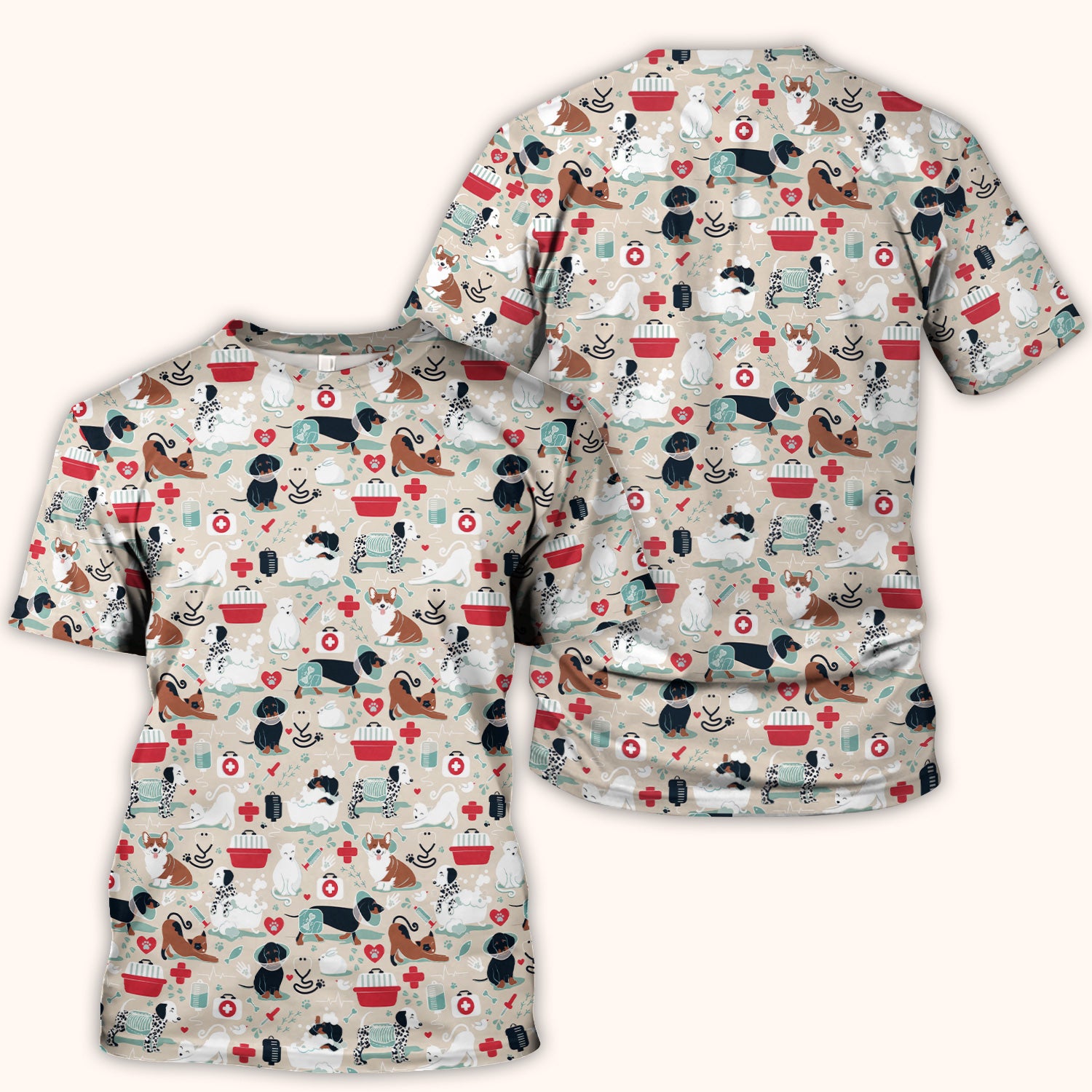 Dogs With Veterinary Tools And Paw Print Scrub Top, Breathable Fabrics Nursing Uniform