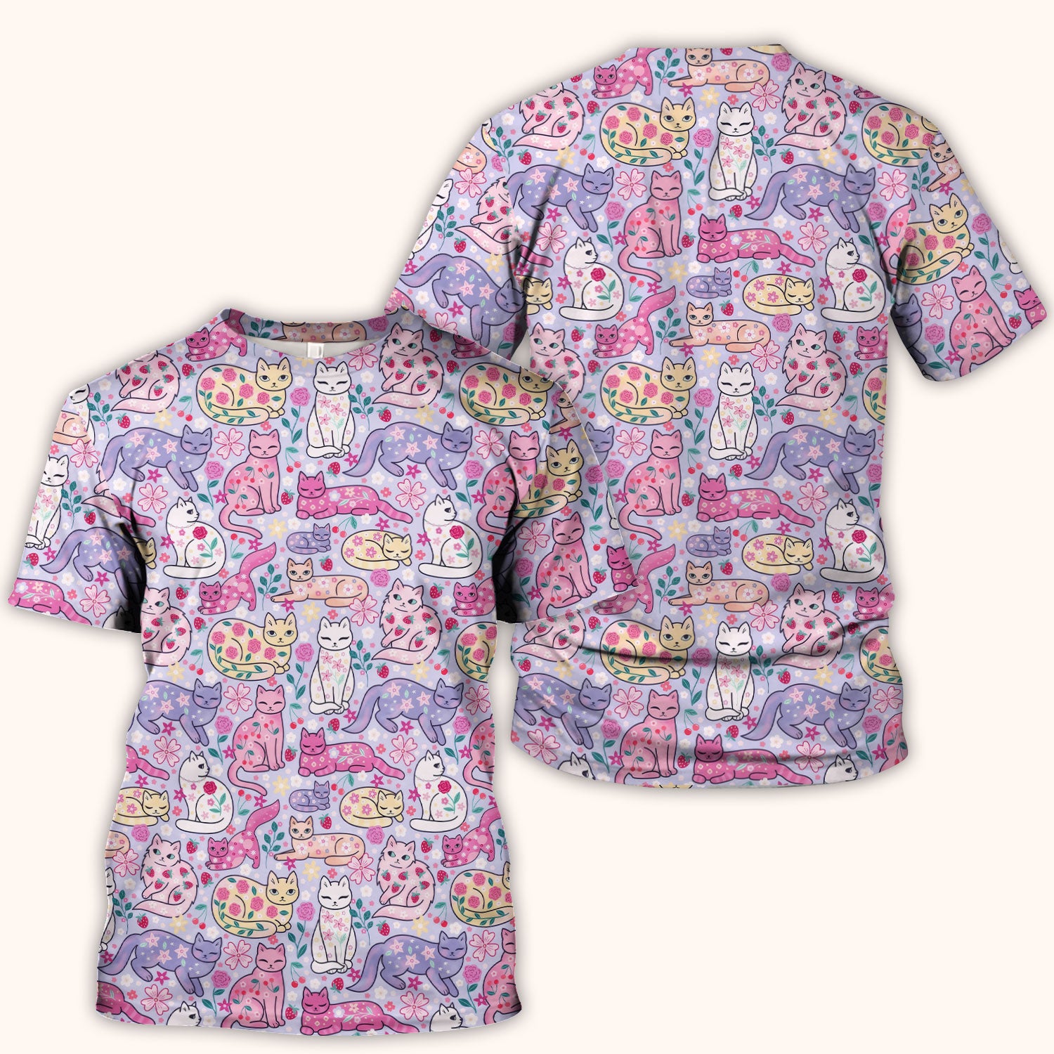 Funny Colorful Pastel Cats Floral Strawberry Print Scrub Top, Breathable Fabrics Nursing Uniform