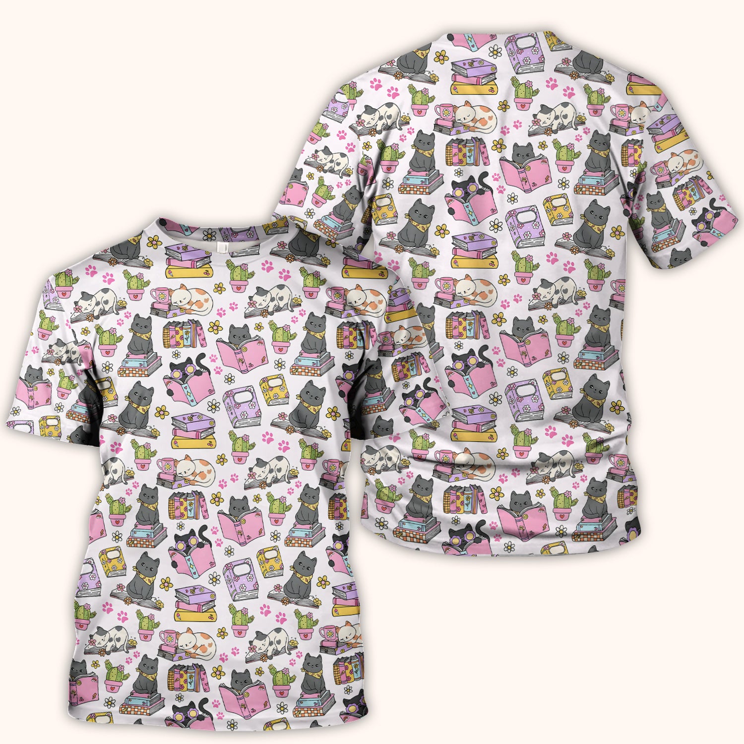 Cute Cat Book Cactus Seamless Pattern Scrub Top, Comfortable Scrubs for Nurses