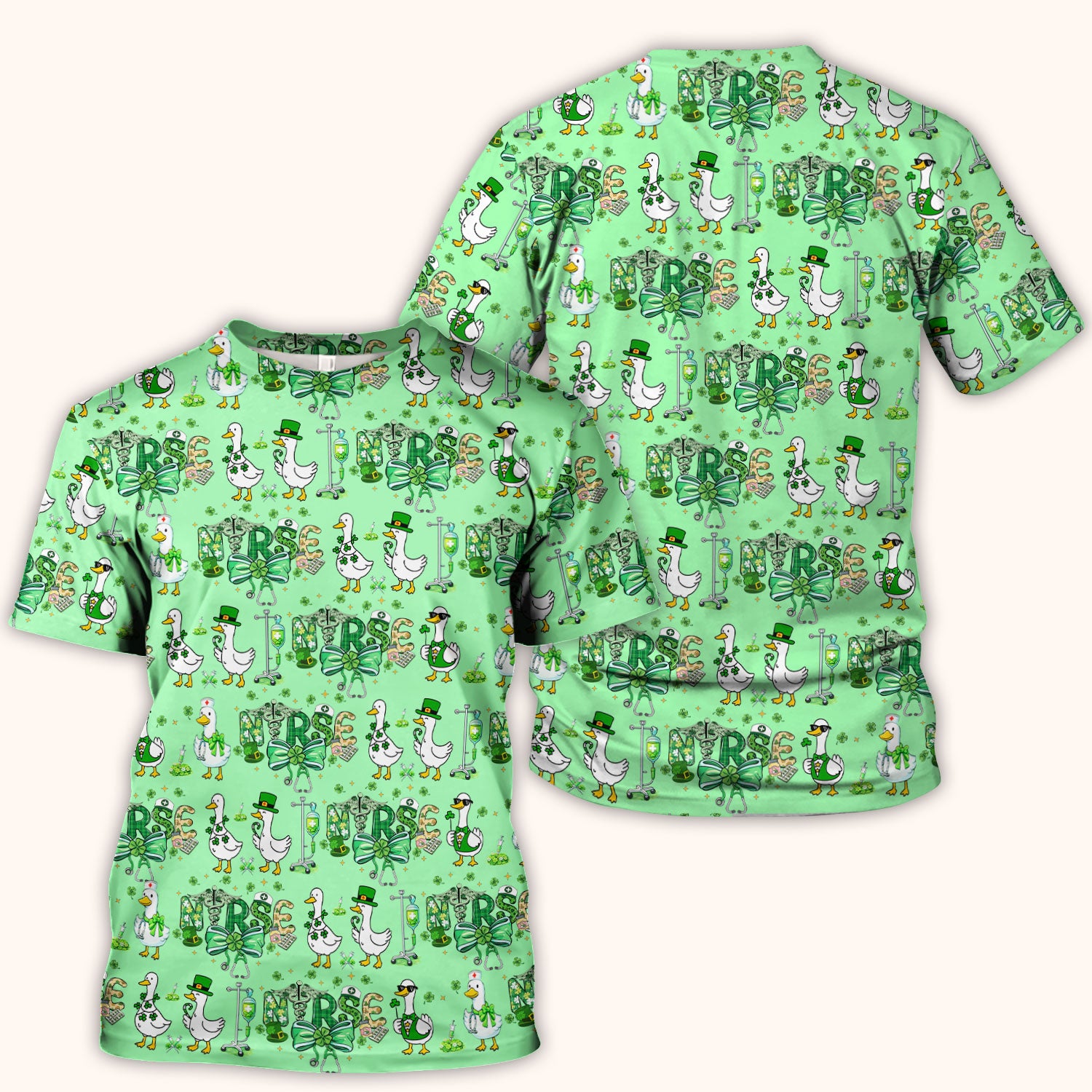 Funny Goose Nurse Shamrock Scrub Top, St. Patrick’s Day Nurse Pattern Shirt, Breathable Fabrics Nursing Uniform