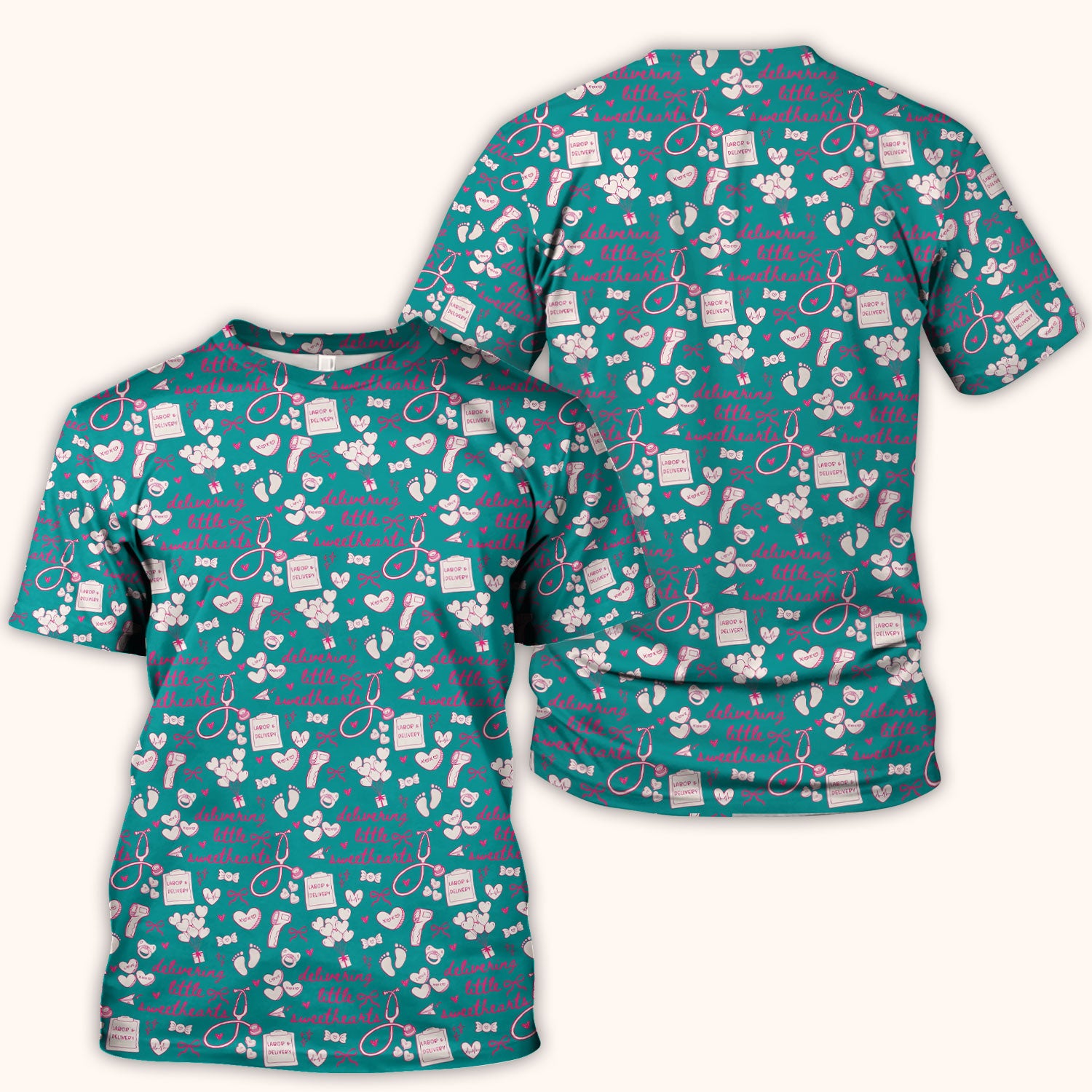 Valentine Labor And Delivery Scrub Top, XOXO Pattern Scrub Shirt, Breathable Fabrics Nursing Uniform For Women