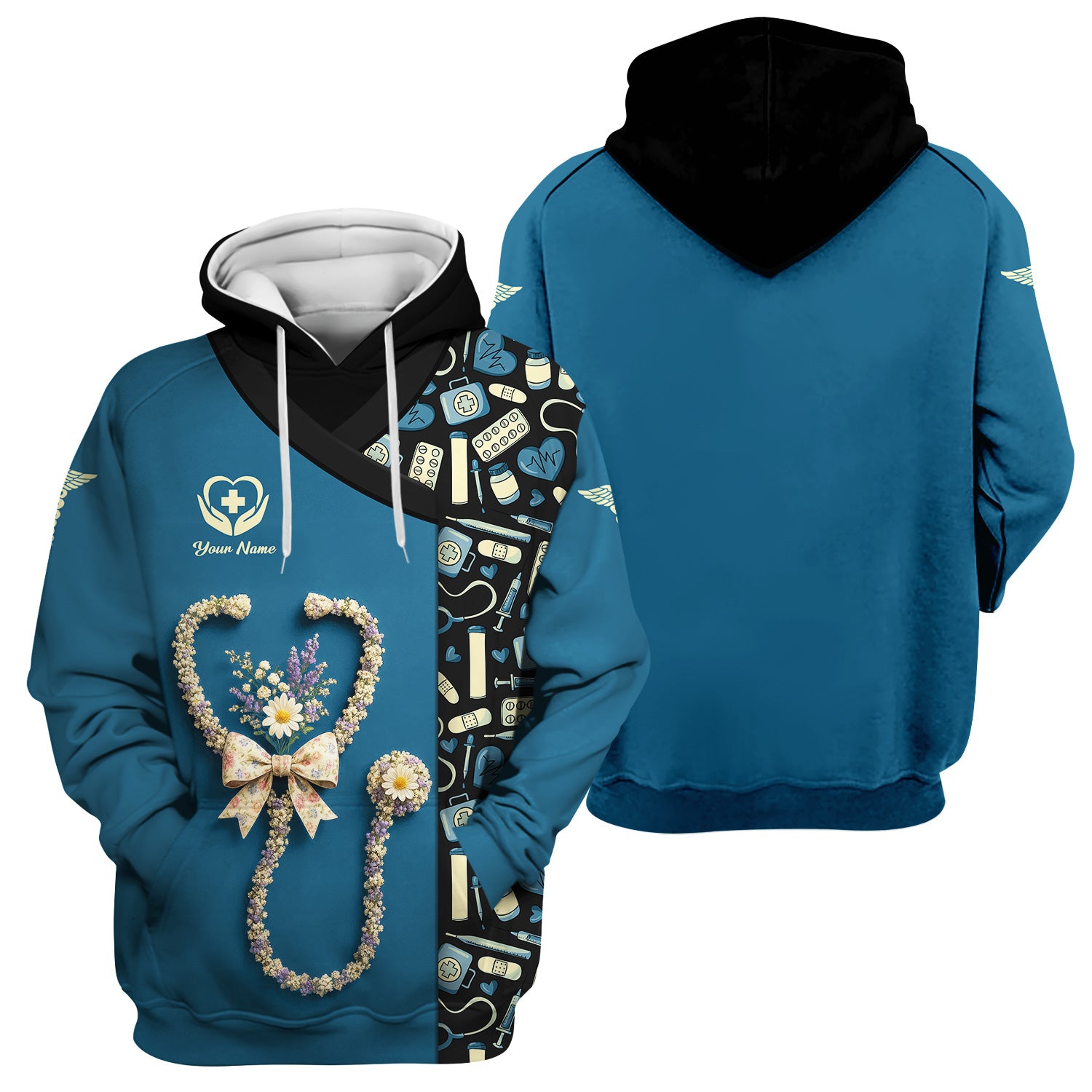 Colorful Nurse Scrubs for Women RN CNA LPN - Inspirational Floral Stethoscope Top with Heart Design - Gift for Healthcare Workers with Custom Name