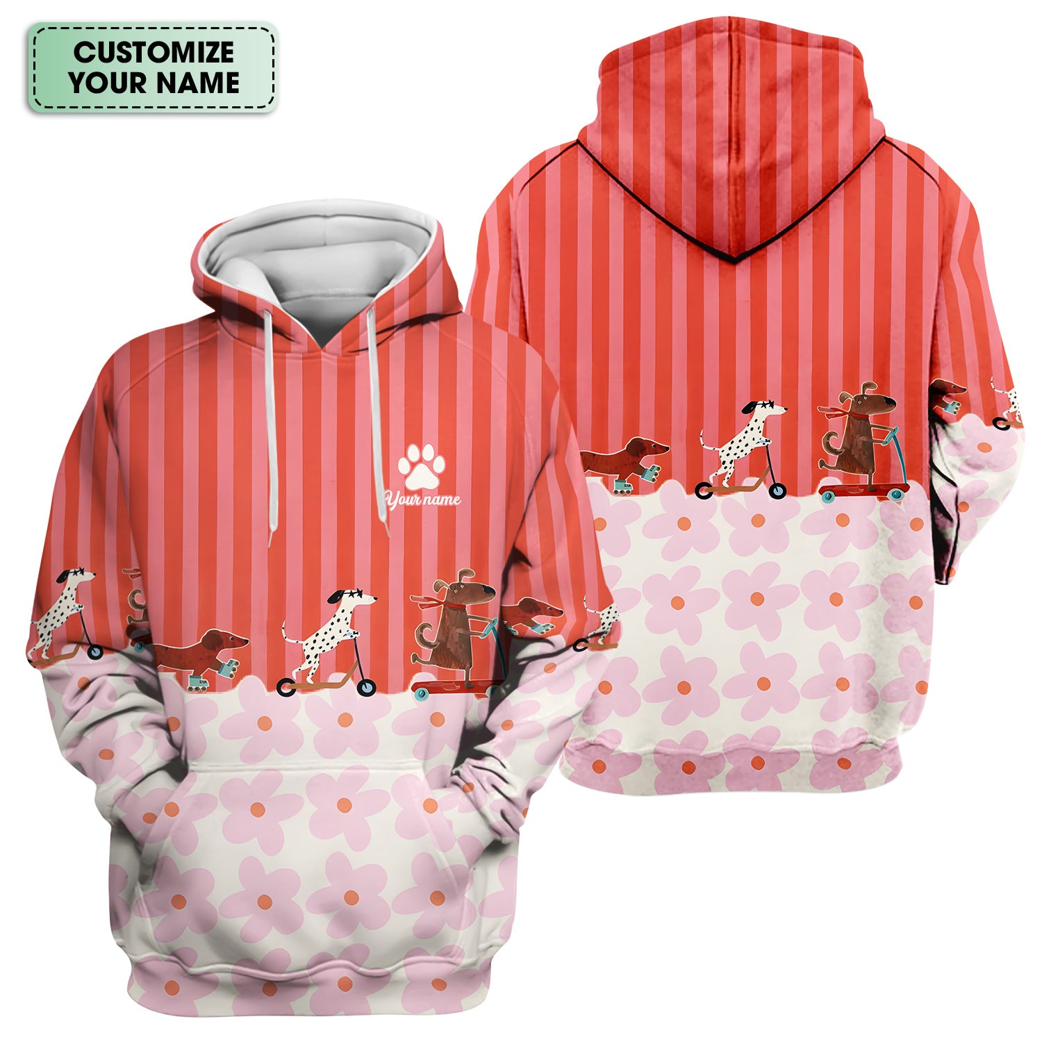 Personalized Cute Dog Roller Skate Flower Pattern Scrub Top, Comfortable Scrubs for Nurses