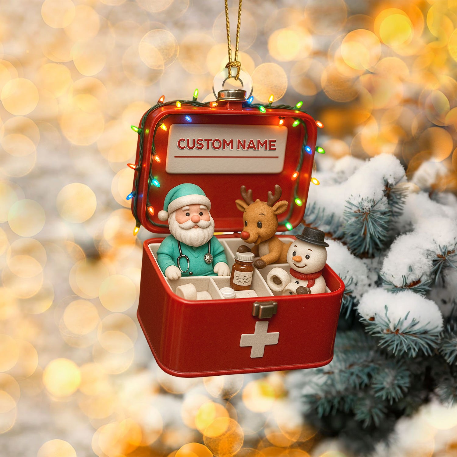 Personalized First Aid Christmas Tree Ornament – Custom Name Medical Santa & Reindeer Holiday Box Decor – Cute Nurse Doctor Ornament for Healthcare Workers