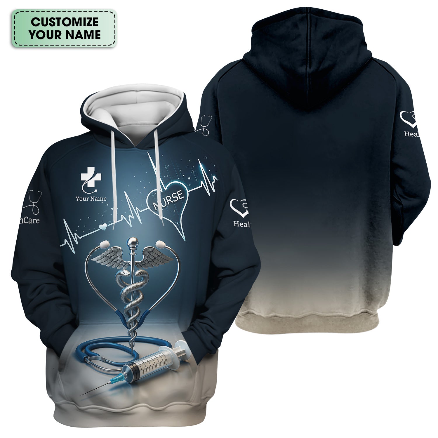 Personalized Nurse Scrubs with Caduceus Heartbeat Syringe - Custom Name Medical Apparel for RN CNA LPN - Gift for Healthcare Workers
