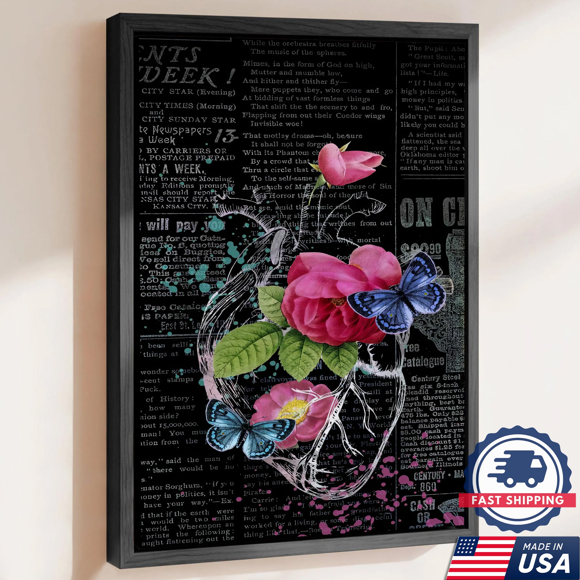 Romantic Rose and Butterfly Canvas, Vintage Newspaper Style, RN LPN CNA Healthcare Workers Gift