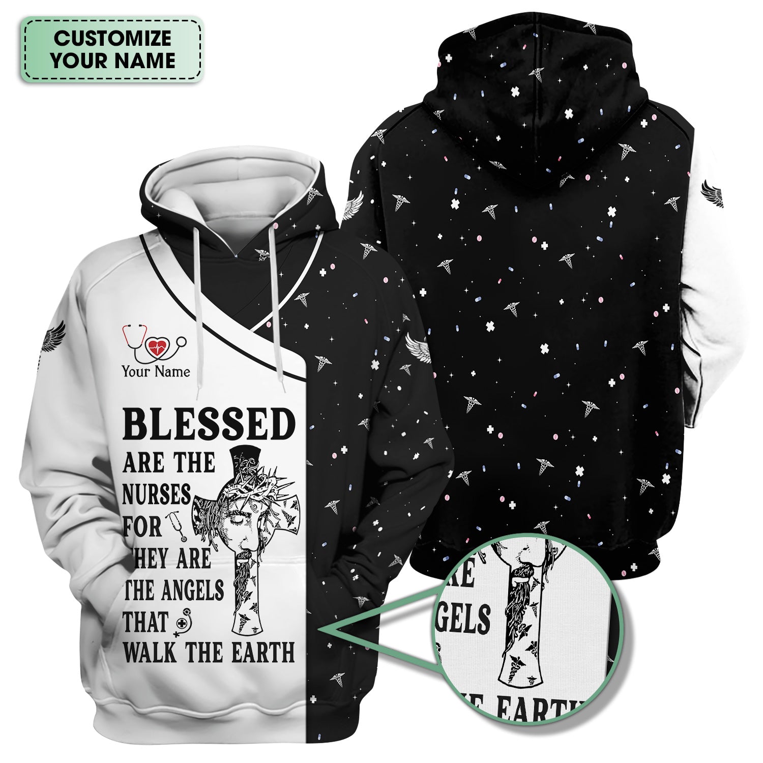 Personalized Christian Nurse Scrub Top - Jesus Cross & Angels That Walk The Earth Quote - Gift for Women RN LPN