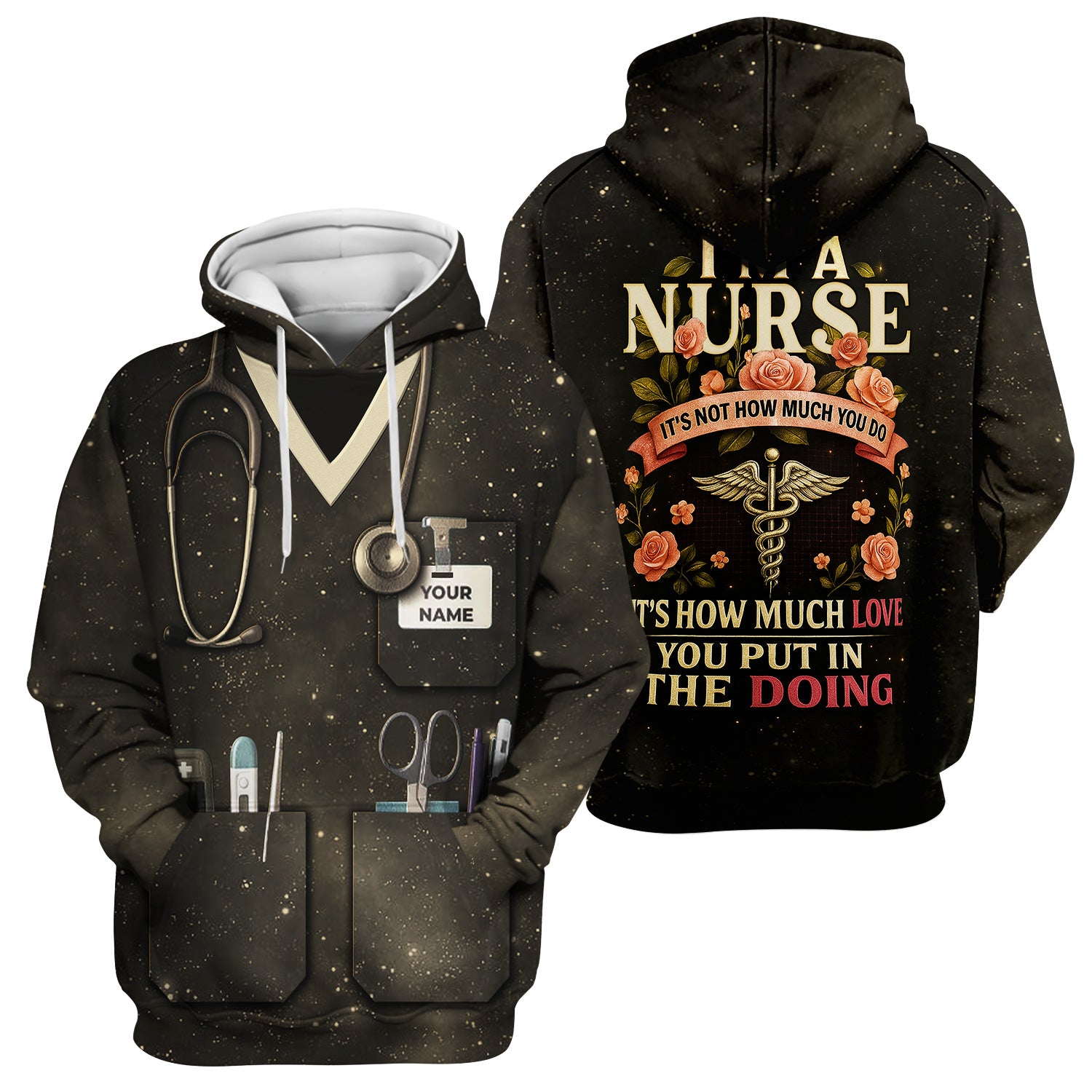 Custom Name Nurse Scrub Shirt - Stethoscope Pocket Tools & Flower Inspiration Design - Appreciation Gift for RN CNA LPN Healthcare Workers