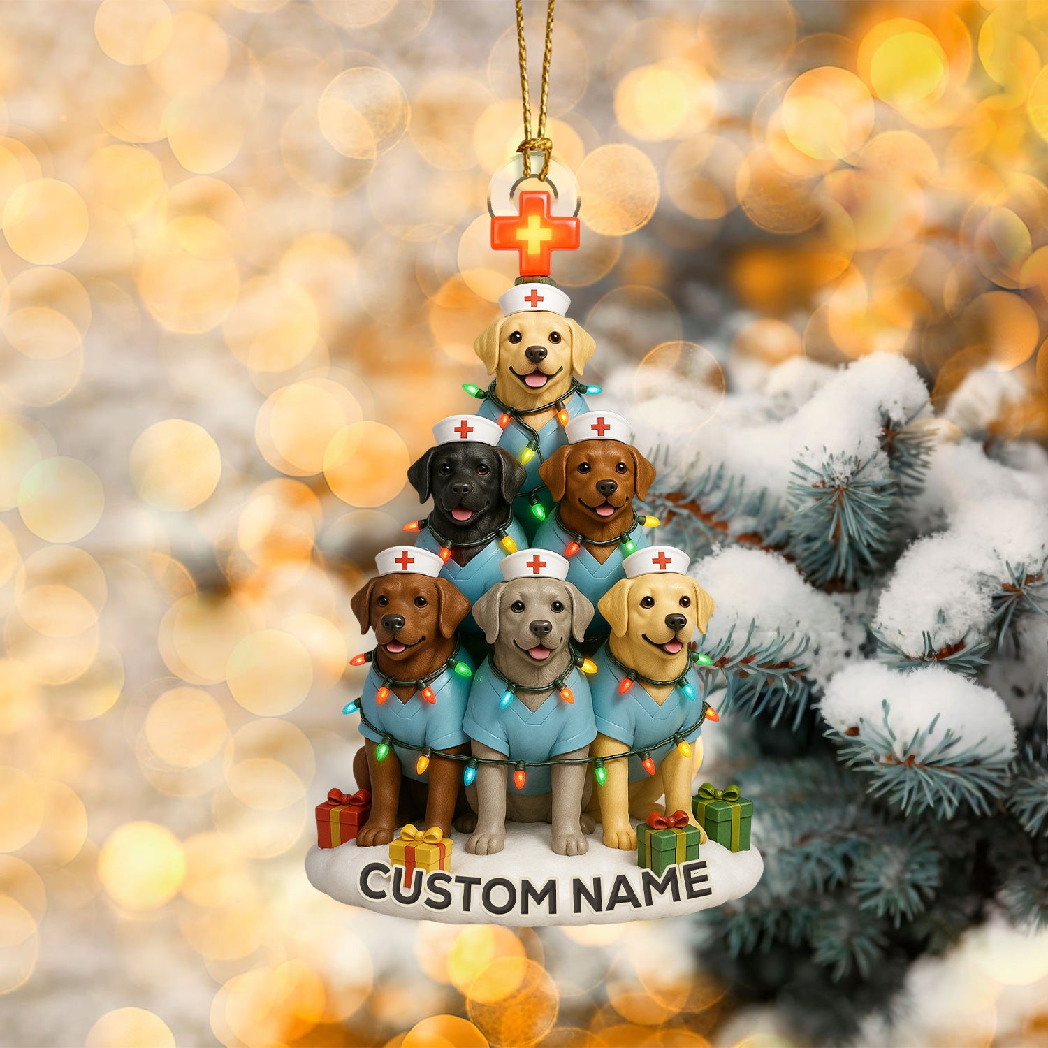 Personalized Nurse Dogs Christmas Tree Ornament – Custom Name Labrador Puppy Stack Holiday Decor – Cute Medical Dog Ornament for Nurses, Vets & Pet Lovers