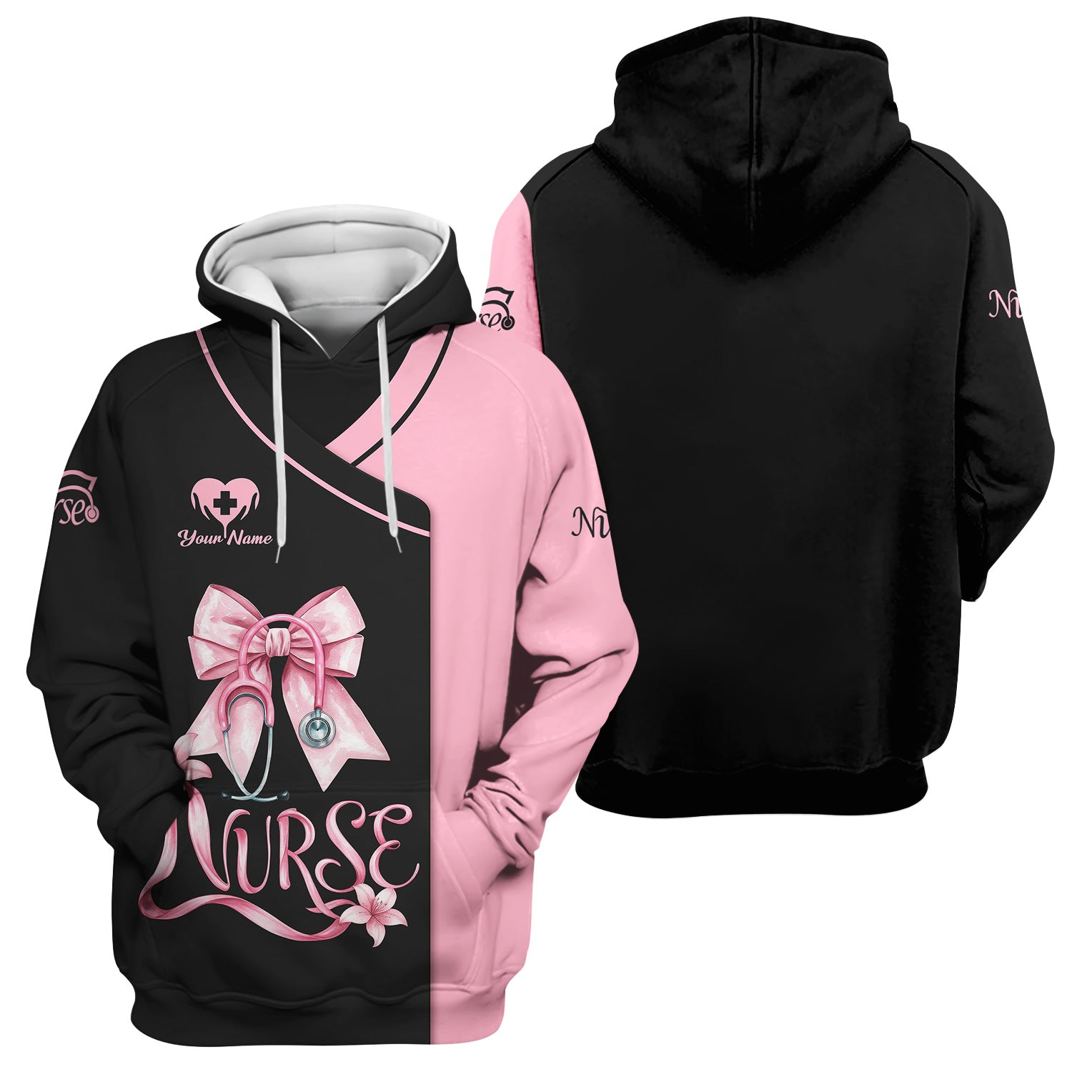 Personalized Pink Nurse Shirt with Name - Cute Bow & Stethoscope Graphic Design - Medical Gift for RN, LPN, CNA