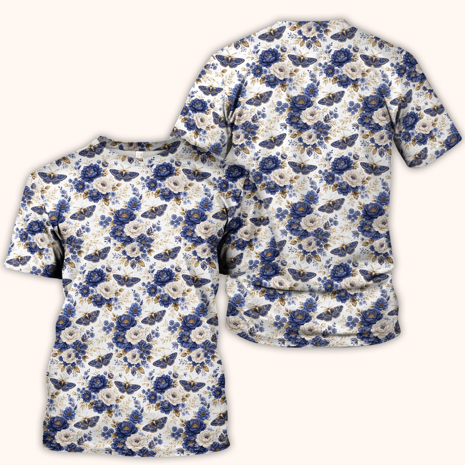 Cute Blue Floral Moth Pattern Scrub Top, Comfortable Scrubs for Nurses