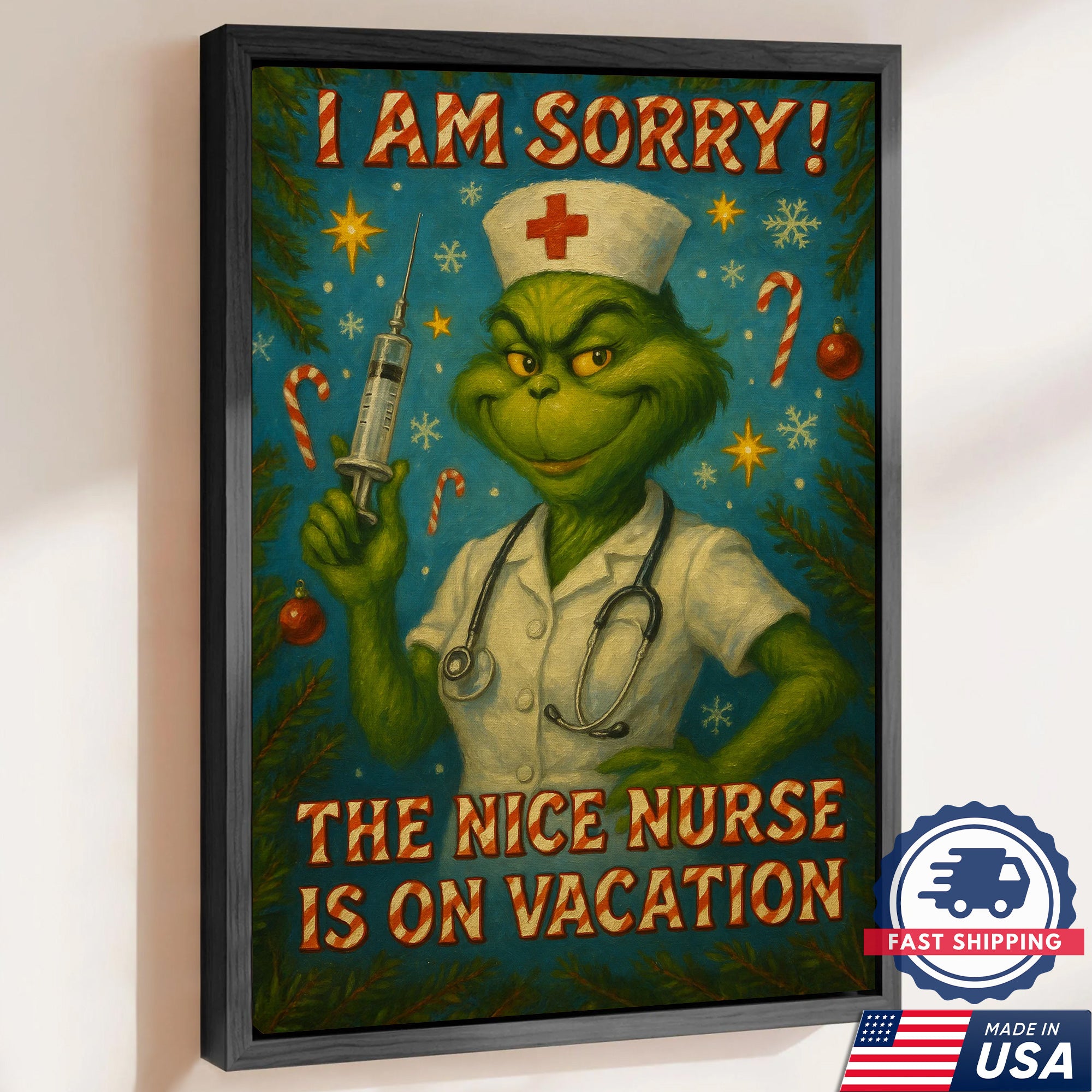 Funny Nurse Wall Art Canvas - Grinch Christmas Quote The Nice Nurse Is On Vacation - Humorous Gift for Nurses Made in USA
