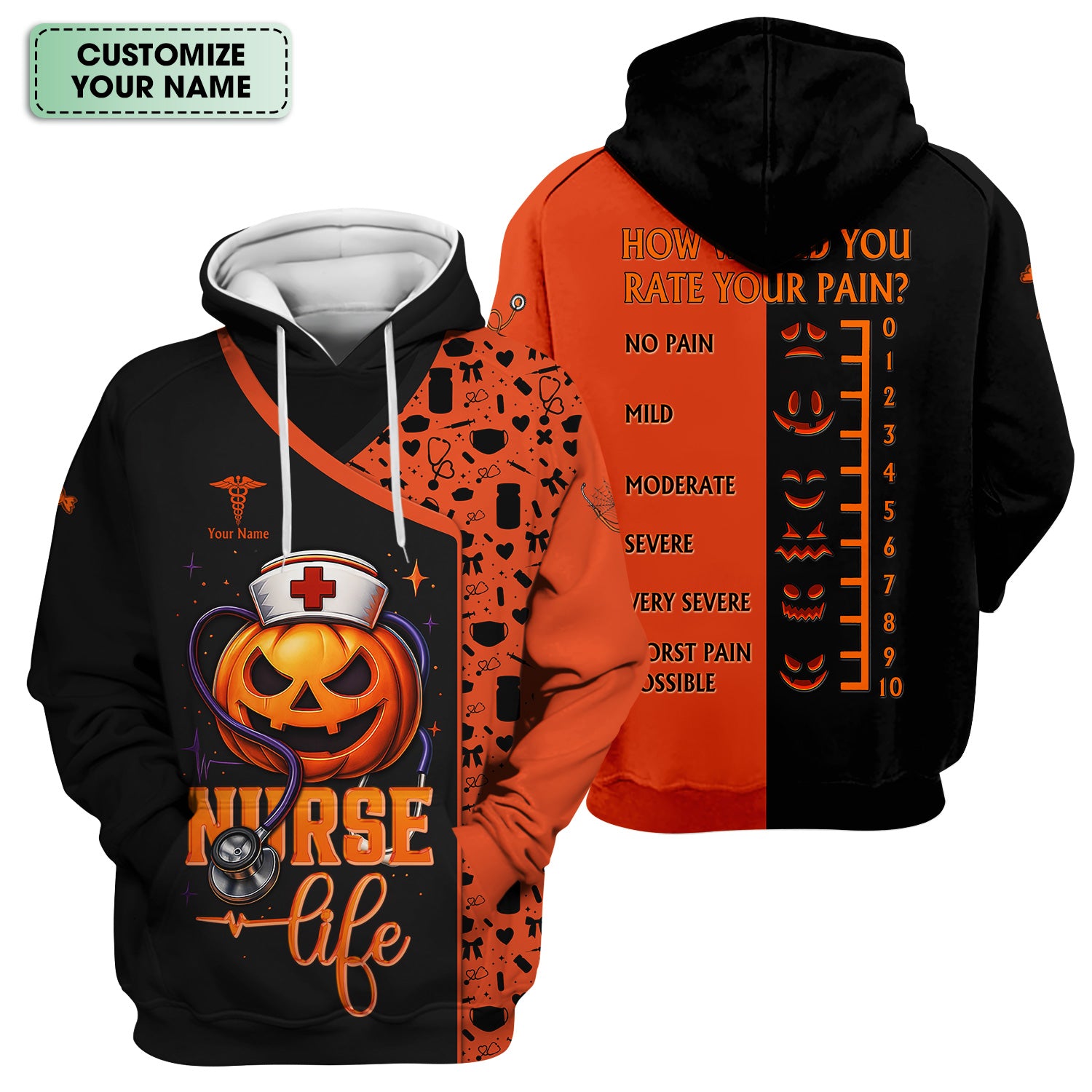 Custom Halloween Nurse Scrub Top with Pain Scale - Personalized Medical Uniform for RN CNA LPN - Gift for Medical Professionals