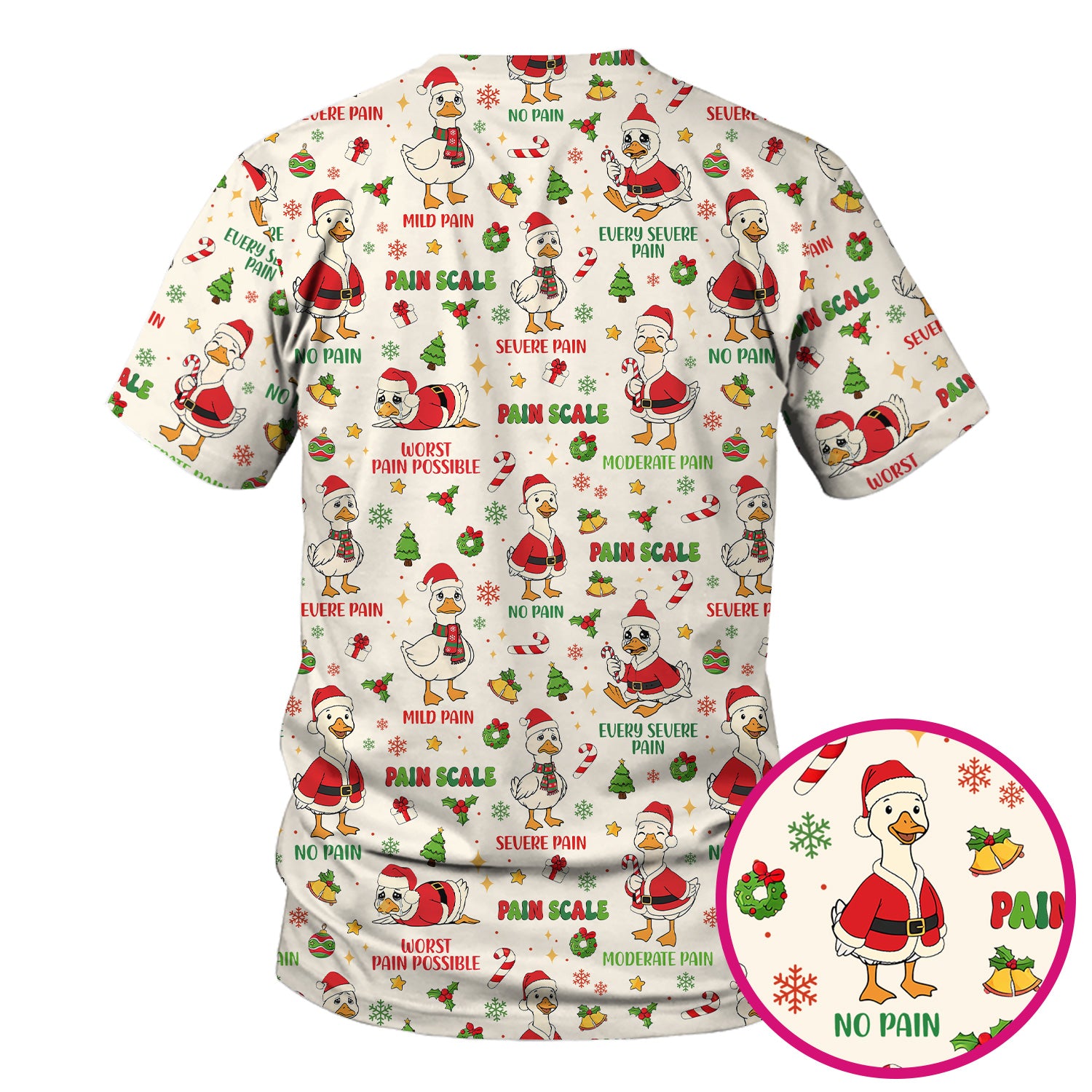 Funny Goose Christmas Scrub Top - Pain Scale Nurse Pattern Shirt - Cute Holiday Medical Scrubs for Women