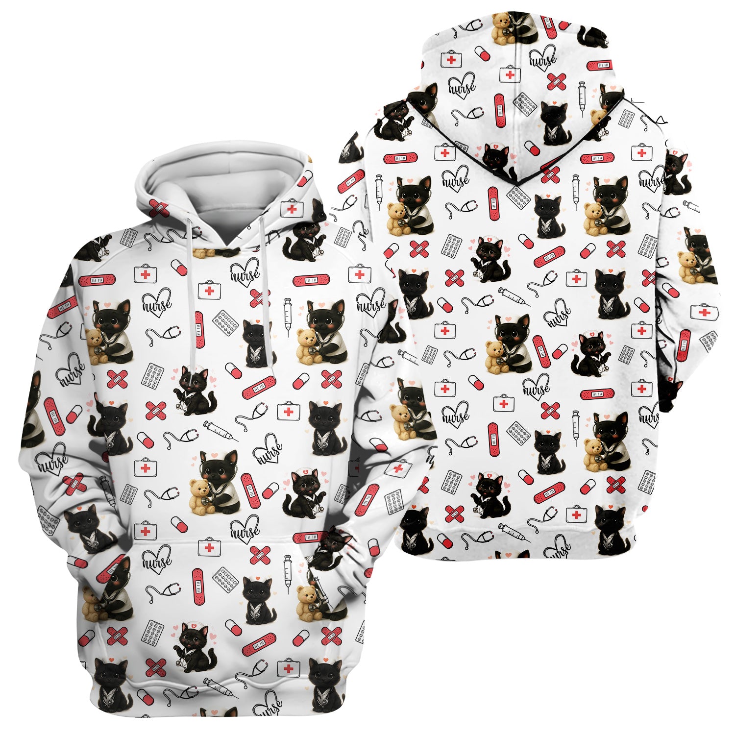 Cute Black Cat Nurse Scrub Top for RN CNA LPN - Funny Kitty Medical Pattern Uniform - Gift for Cat Loving Healthcare Women
