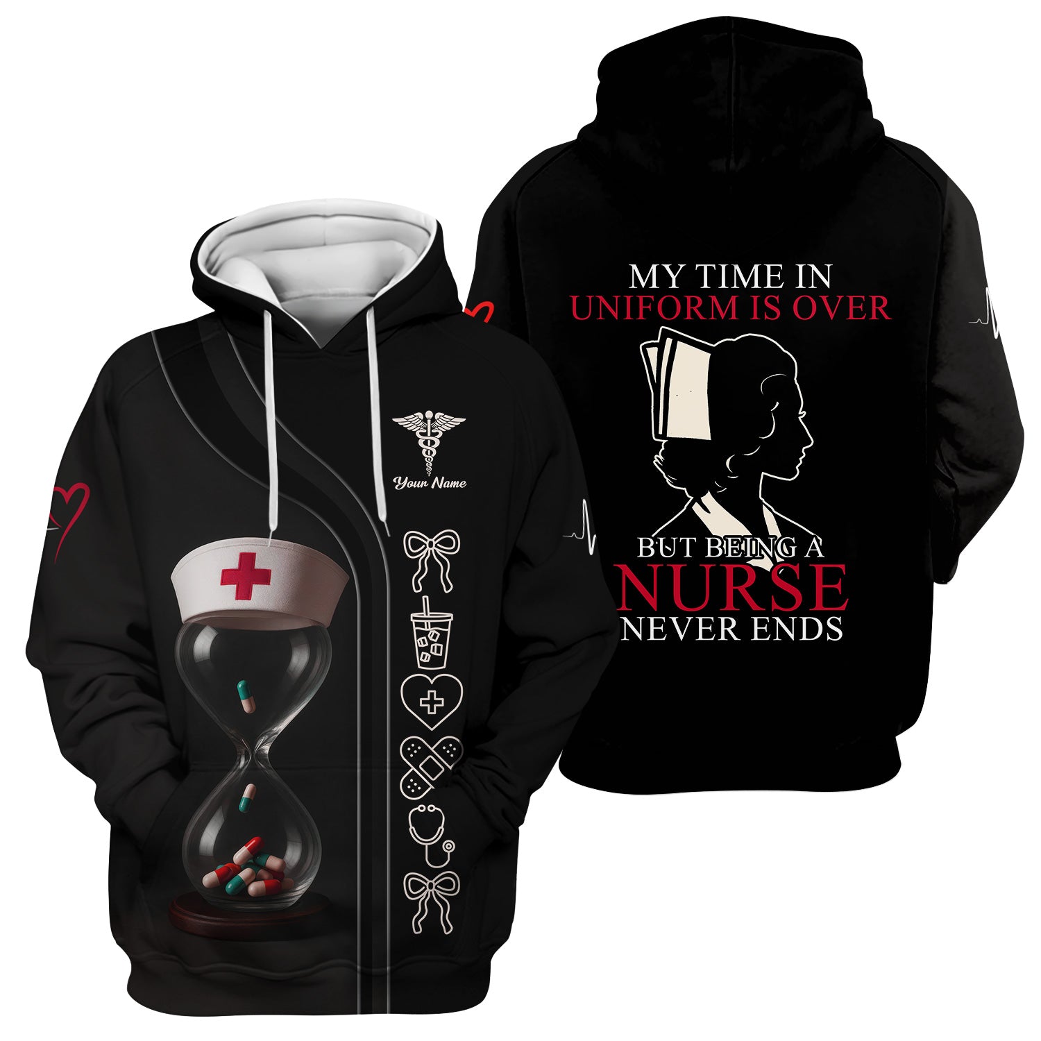 Personalized Retired Nurse Scrub Top - My Time In Uniform Is Over Quote - Custom Name Gift for RN CNA LPN
