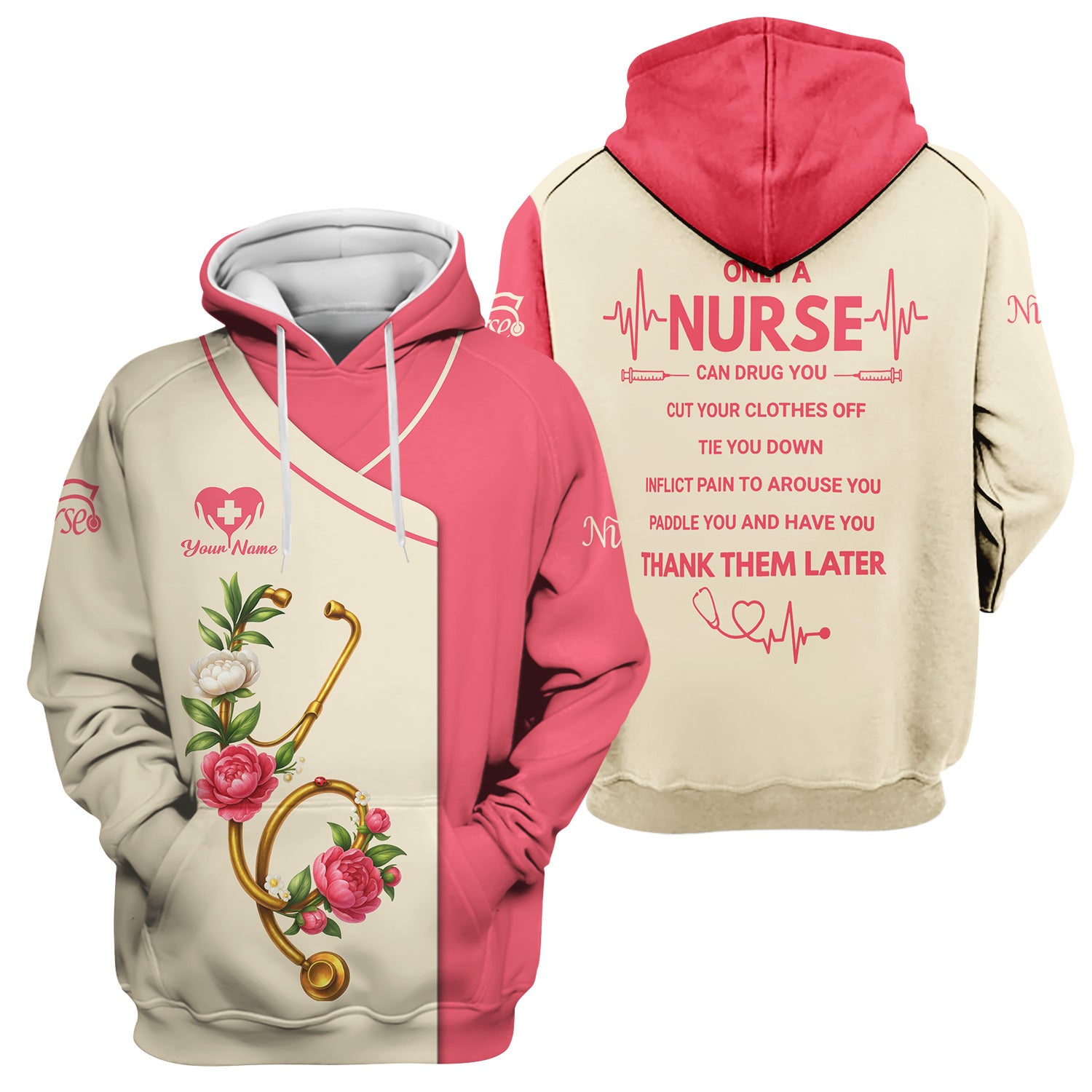 Personalized Nurse Shirt for Women - Pink Floral Stethoscope Design - Custom Name Gift for RN, CNA, LPN