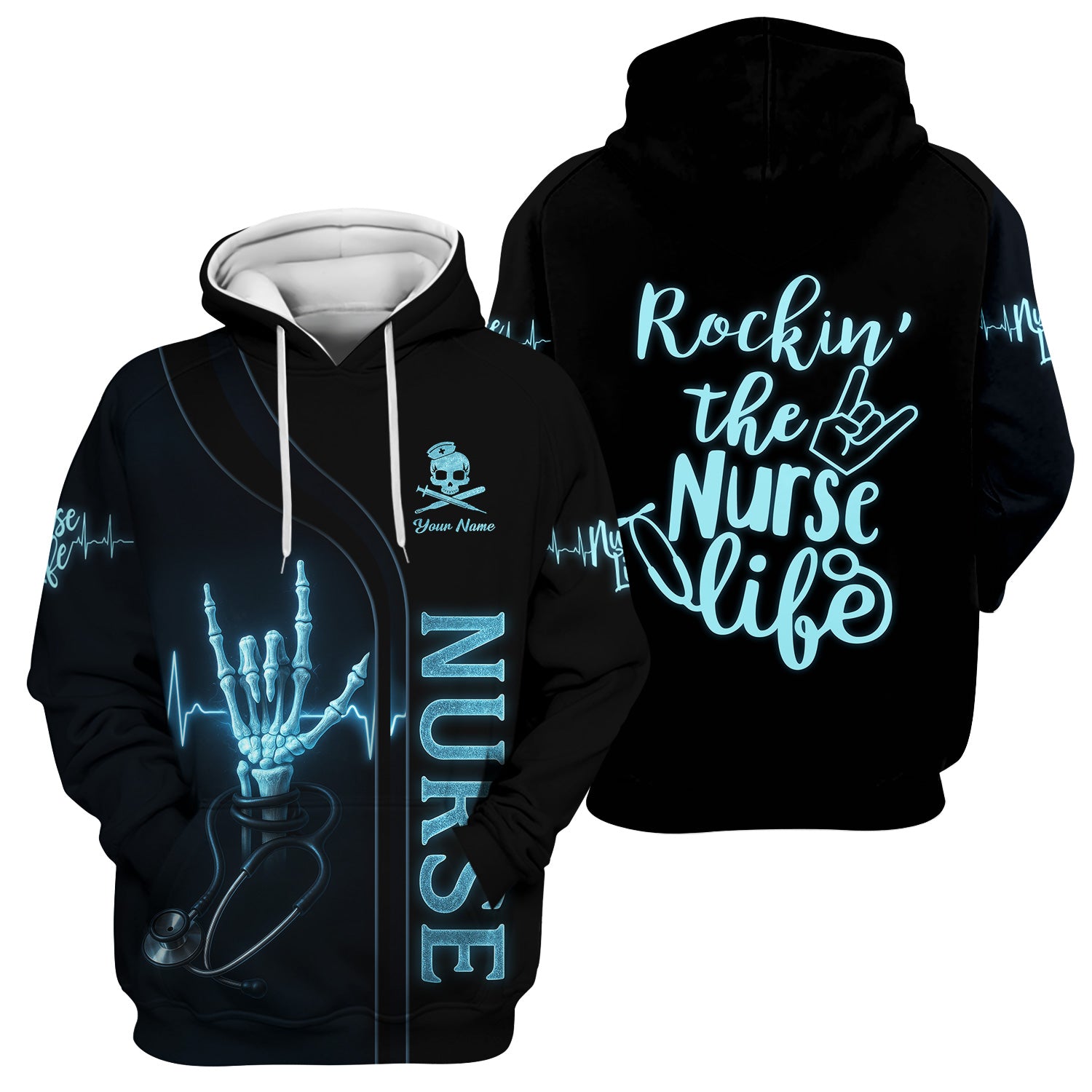 Custom Skeleton Hand Nurse Scrub Top - Rockin the Nurse Life  Quote - Gift for RN, CNA, LPN, Healthcare Worker