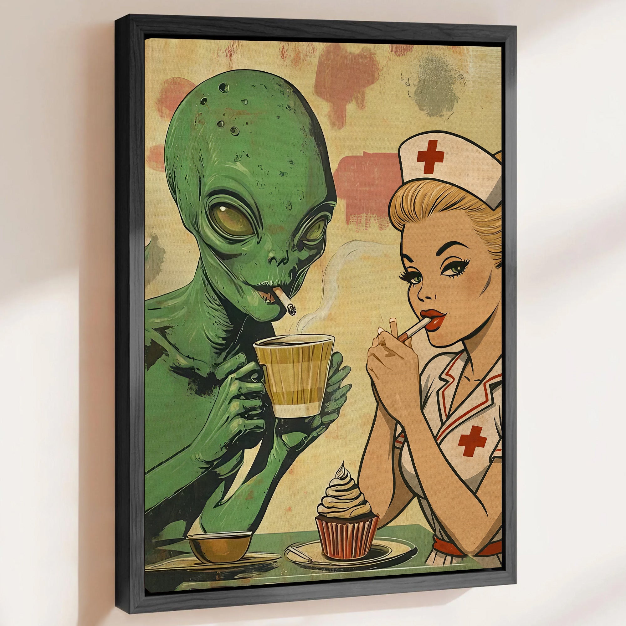 Funny Vintage Nurse & Alien Canvas, Retro Pop Art Smoking & Coffee Time Wall Art, RN LPN CNA Gift