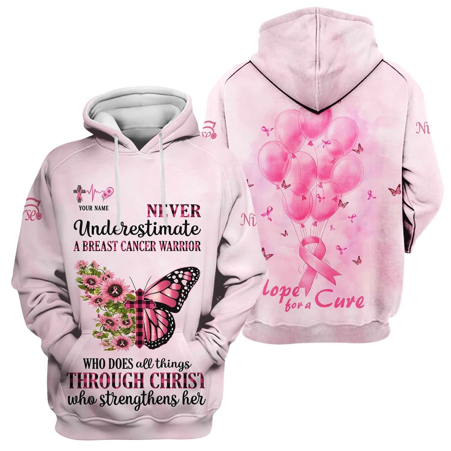 Personalized Breast Cancer Warrior Shirt  - Christian Faith Quote & Pink Butterfly Design - Gift for Women RN LPN CNA
