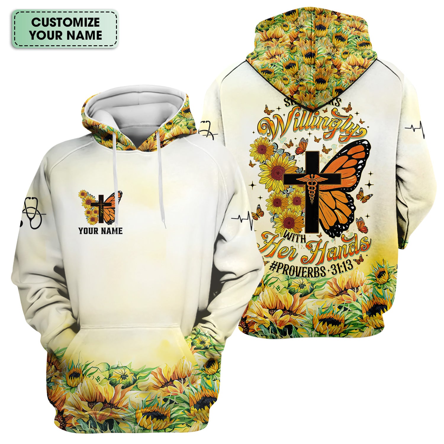 Personalized Christian Nurse Scrub Top - Sunflower Butterfly Cross & Bible Verse - Gift for RN LPN CNA Healthcare Workers