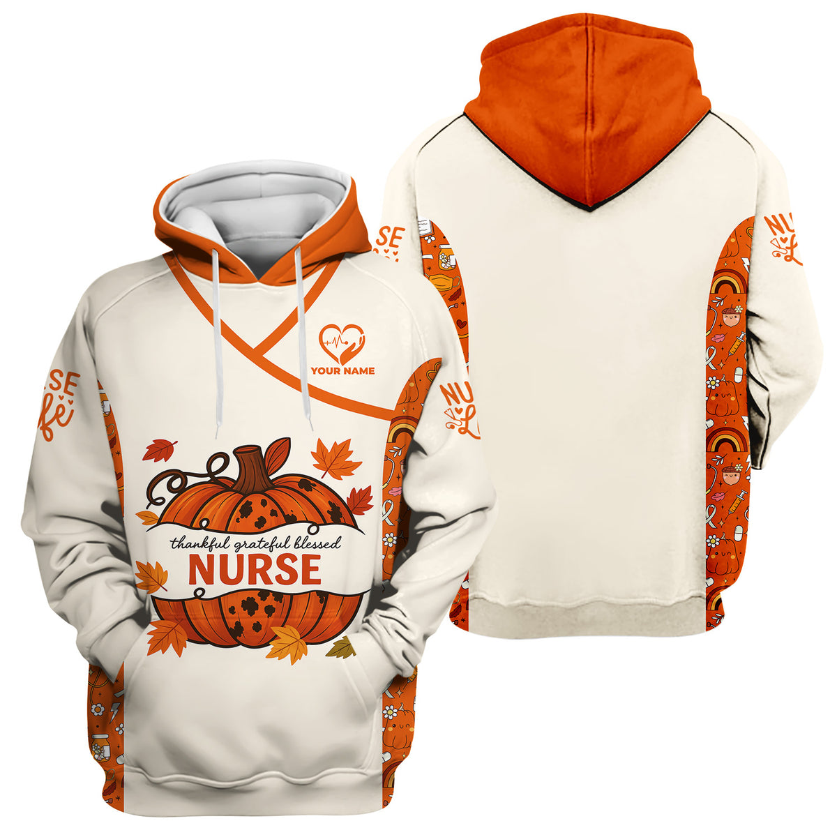 Thankful Grateful Blessed Nurse Scrub Top - Fall Pumpkin Thanksgiving Shirt - Personalized Autumn Gift for Women RN CNA LPN