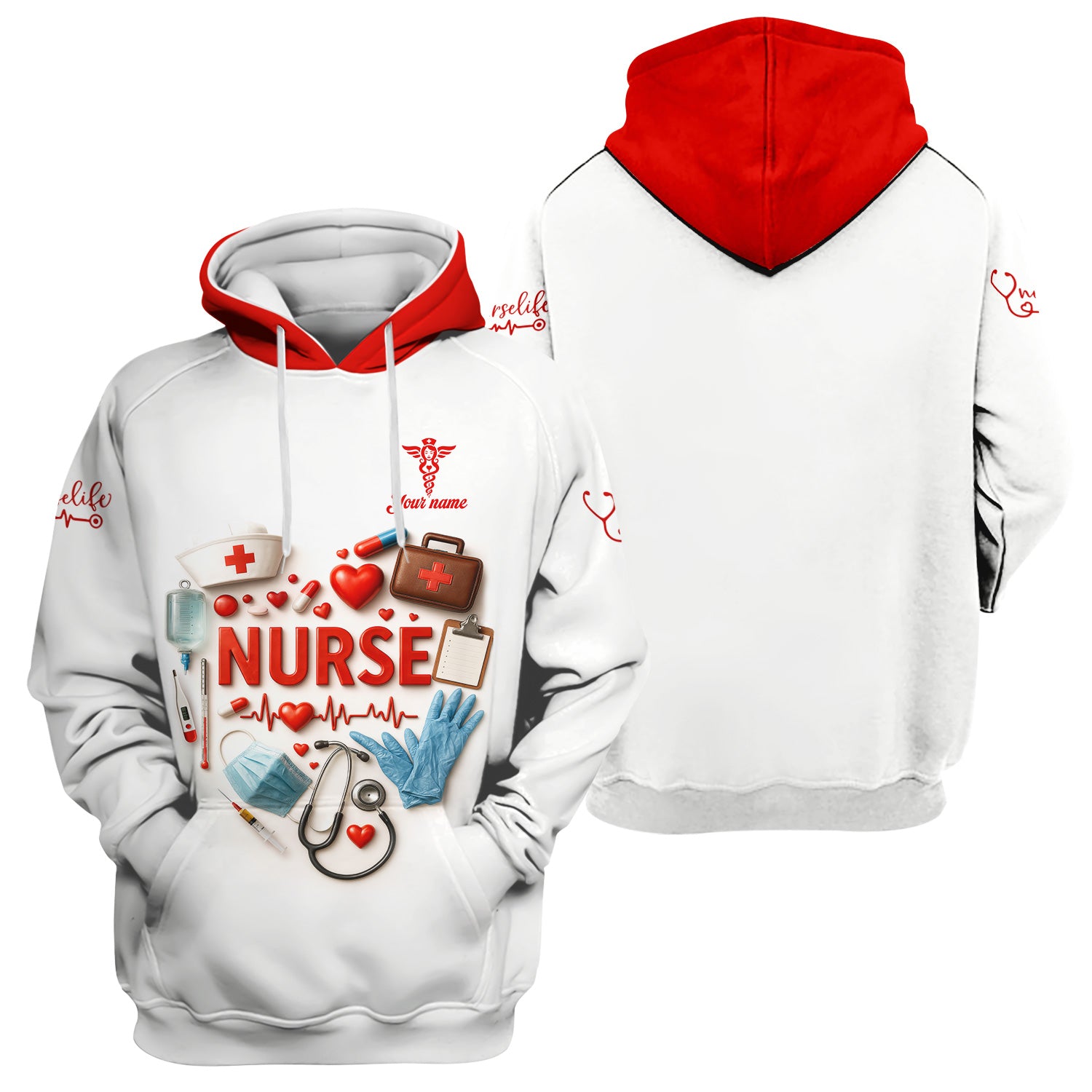 Custom Nurse Scrubs - Medical Tools & Heartbeat Graphic - Personalized Scrubs for RN CNA LPN Healthcare Workers
