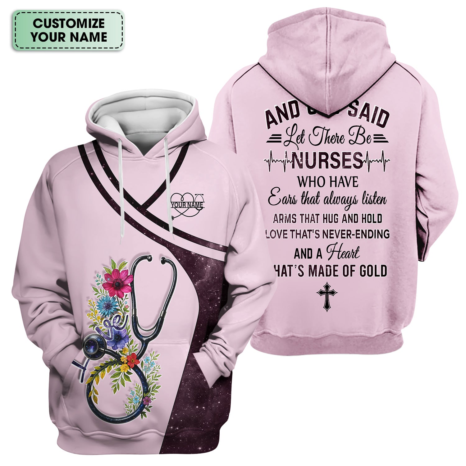 Custom Nurse Love T-Shirt - Floral Stethoscope & Galaxy Design - Personalized Gift for RN LPN CNA Healthcare Professionals