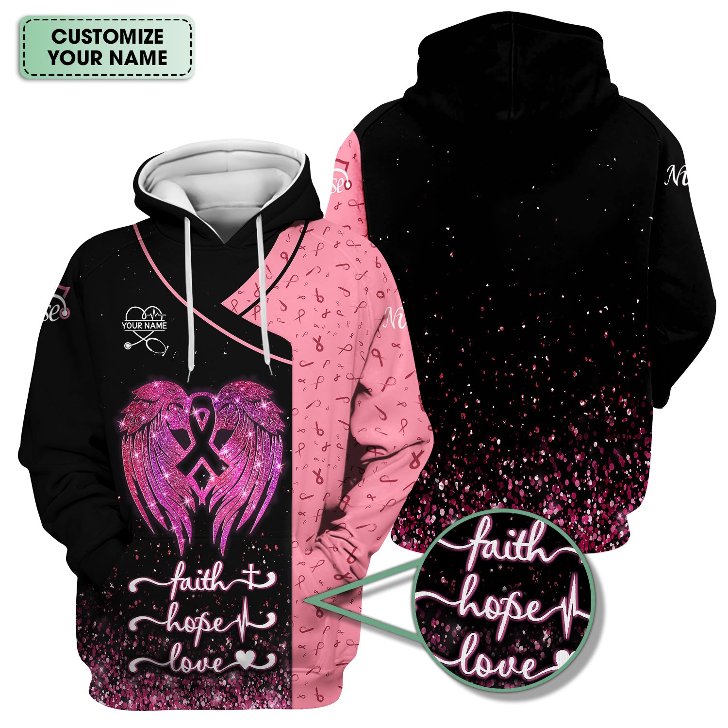Custom Breast Cancer Warrior Shirt - Pink Glitter Angel Wings & Ribbon Graphic Tee - Gift for Nurse RN LPN CNA